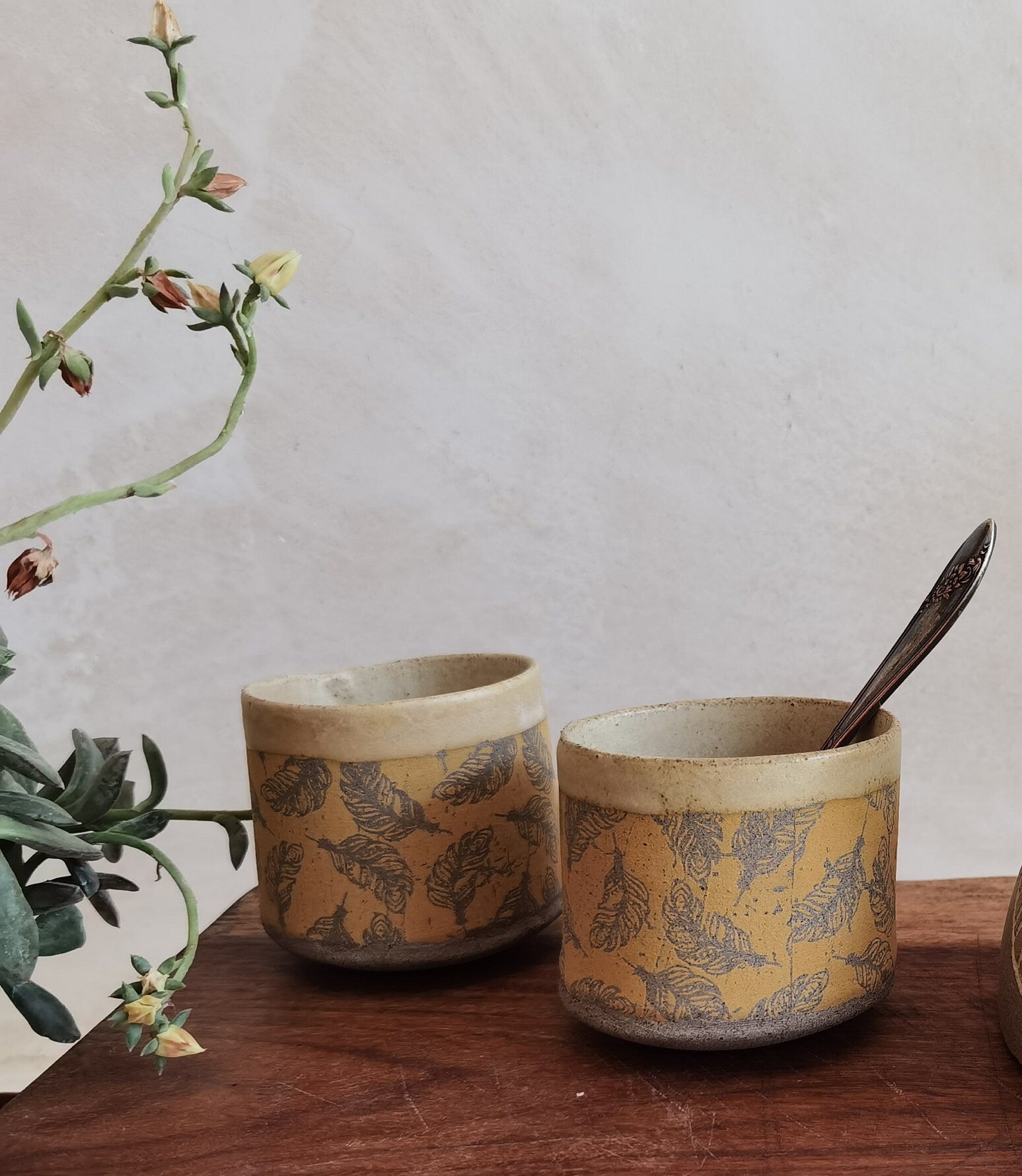 Handmade Ceramic Mug Set: Light Brown Pottery Tea Cups with Feather Print