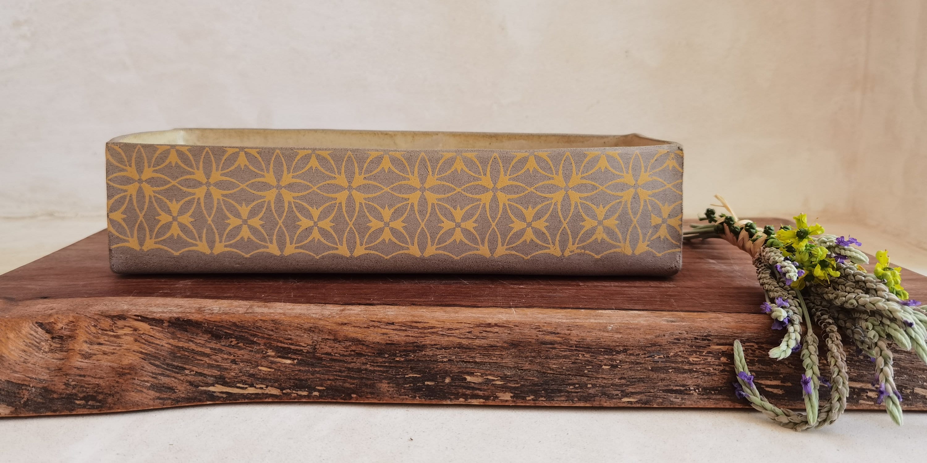Handmade Ceramic Baking Dish: Rustic Pottery Serving Dish with Yellow Print