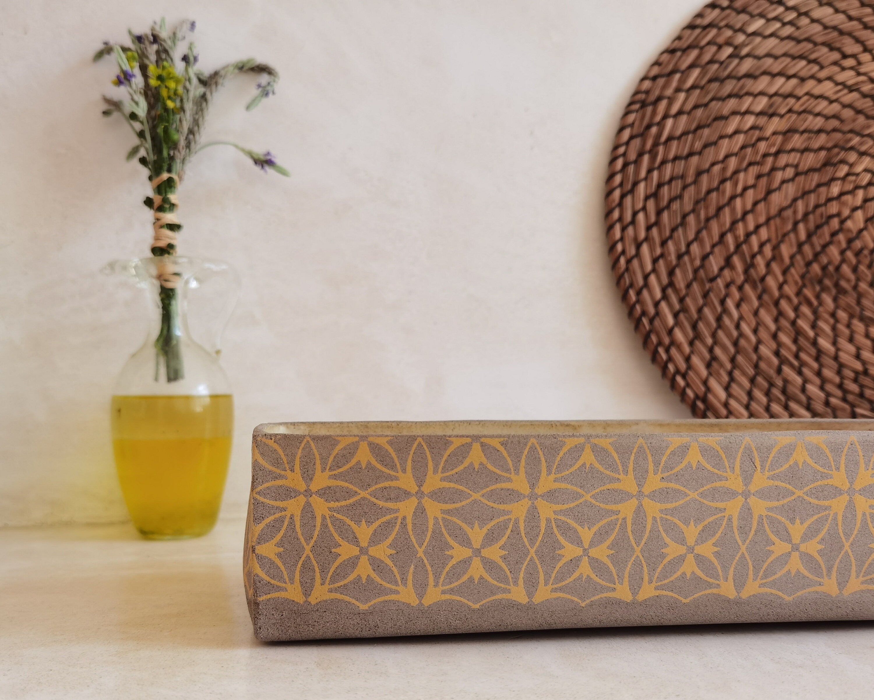 Handmade Ceramic Baking Dish: Rustic Pottery Serving Dish with Yellow Print