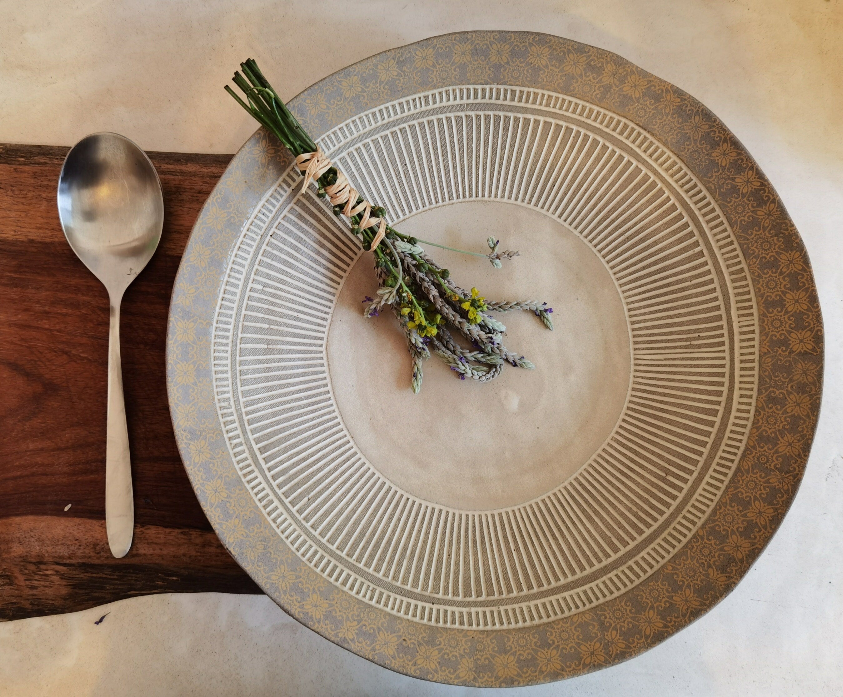 Large Ceramic Serving Bowl: Rustic Handmade Pottery with Print