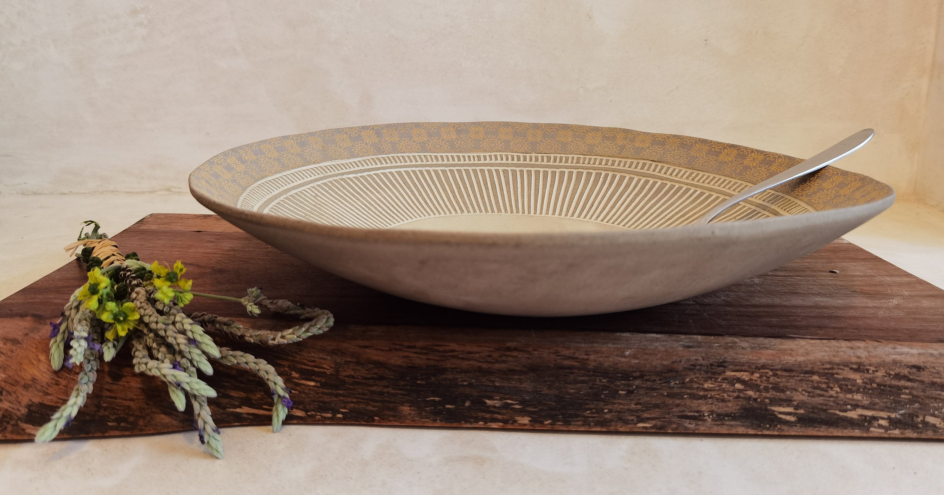 Large Ceramic Serving Bowl: Rustic Handmade Pottery with Print