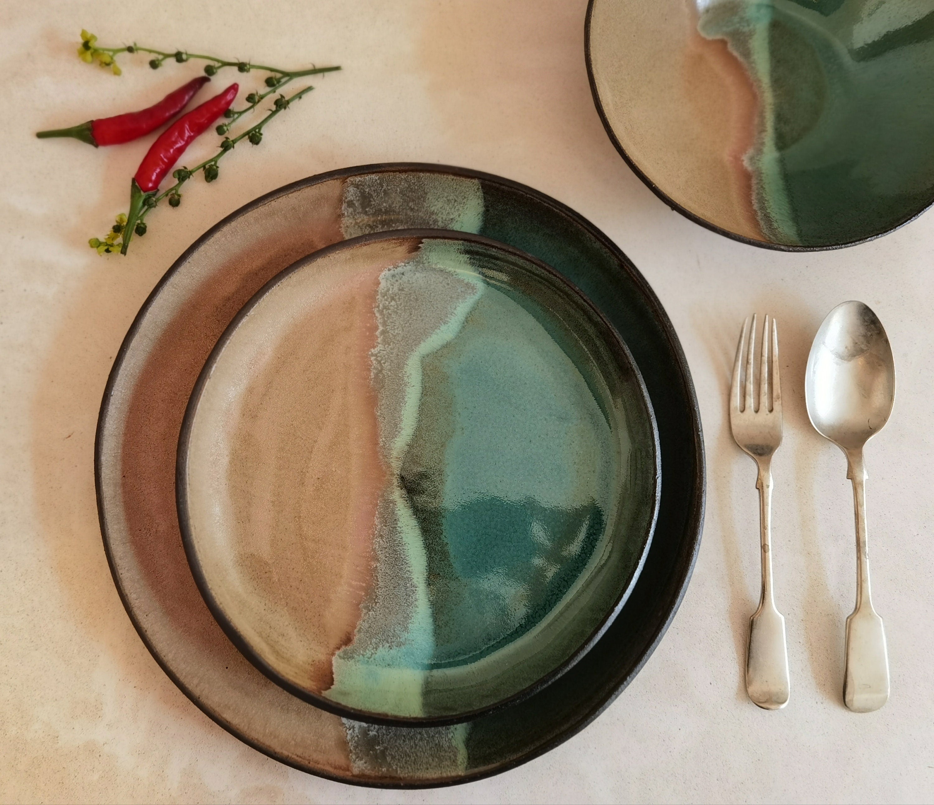 Modern Ceramic Dinnerware Set: Beige & Turquoise Serving Dishes