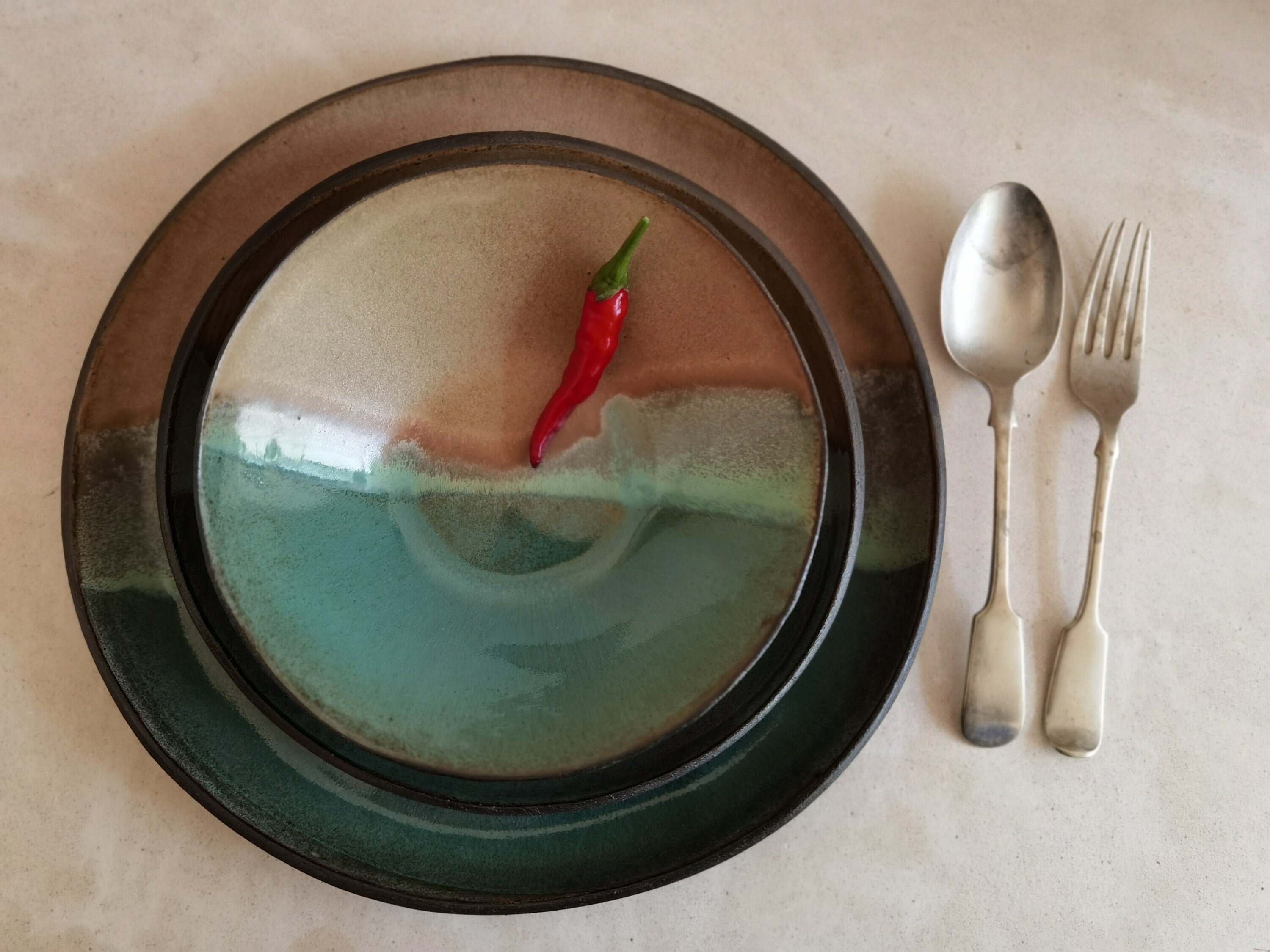 Handmade Ceramic Dinnerware Set: Turquoise & Brown Pottery