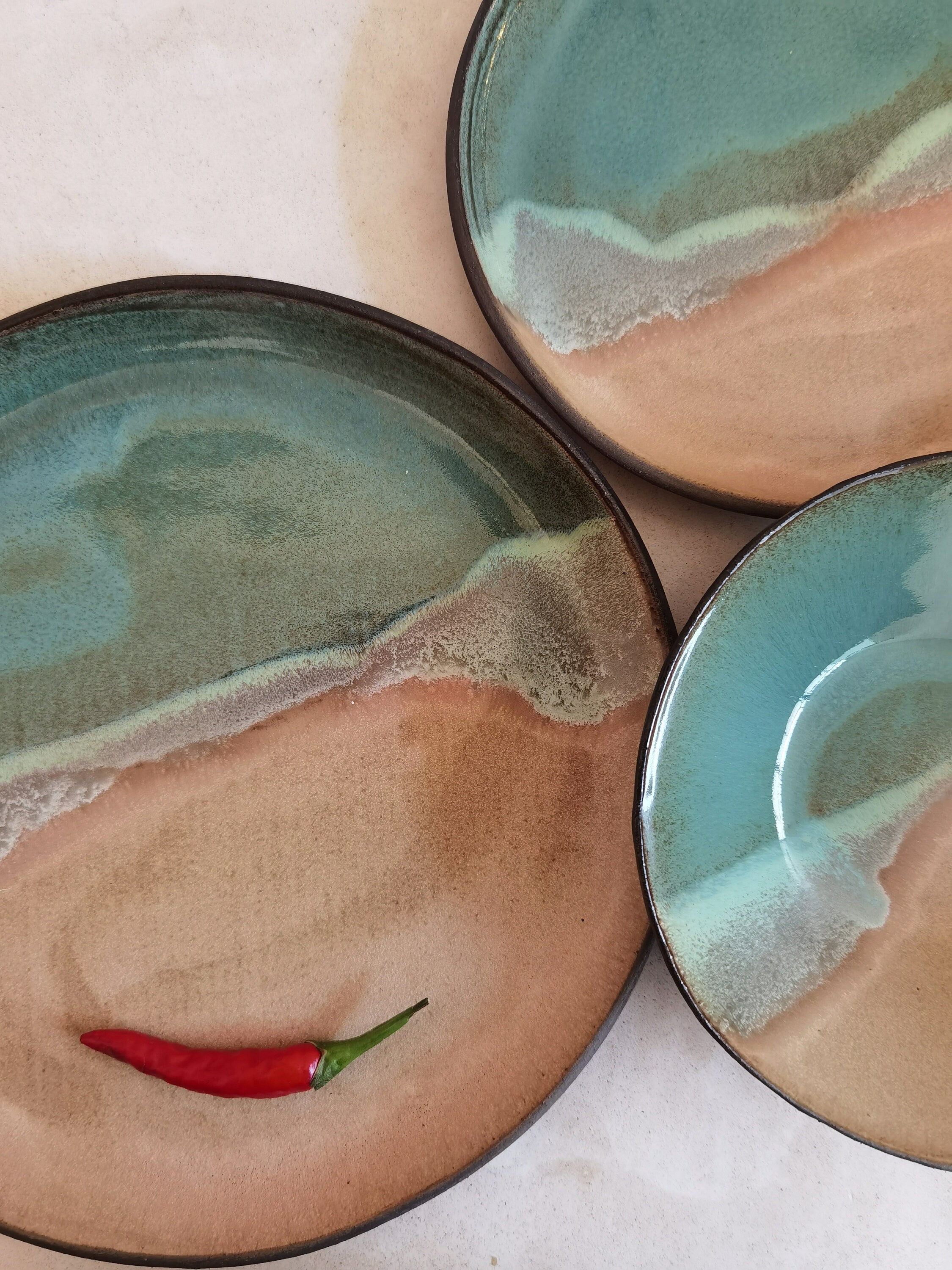 Handmade Ceramic Dinnerware Set: Turquoise & Brown Pottery