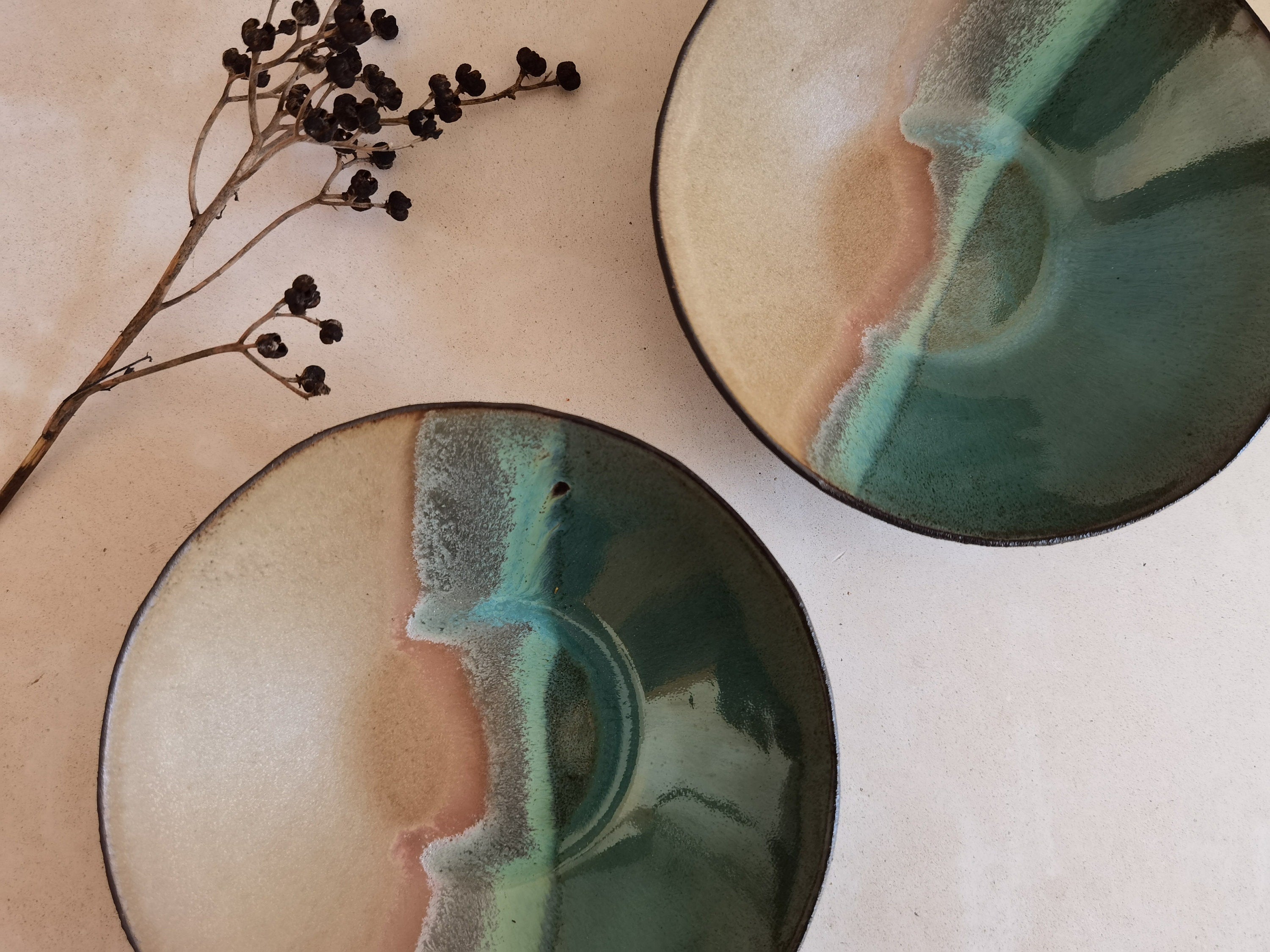 Handmade Ceramic Bowl Set: Beige & Turquoise Pottery, Snack Bowls