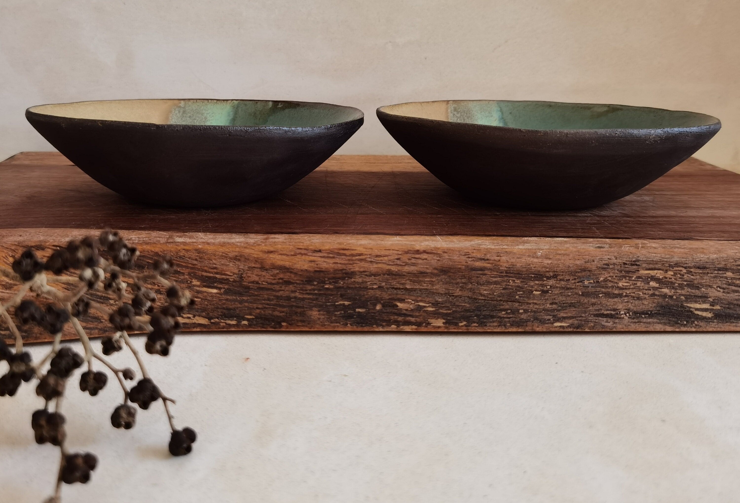 Handmade Ceramic Bowl Set: Beige & Turquoise Pottery, Snack Bowls