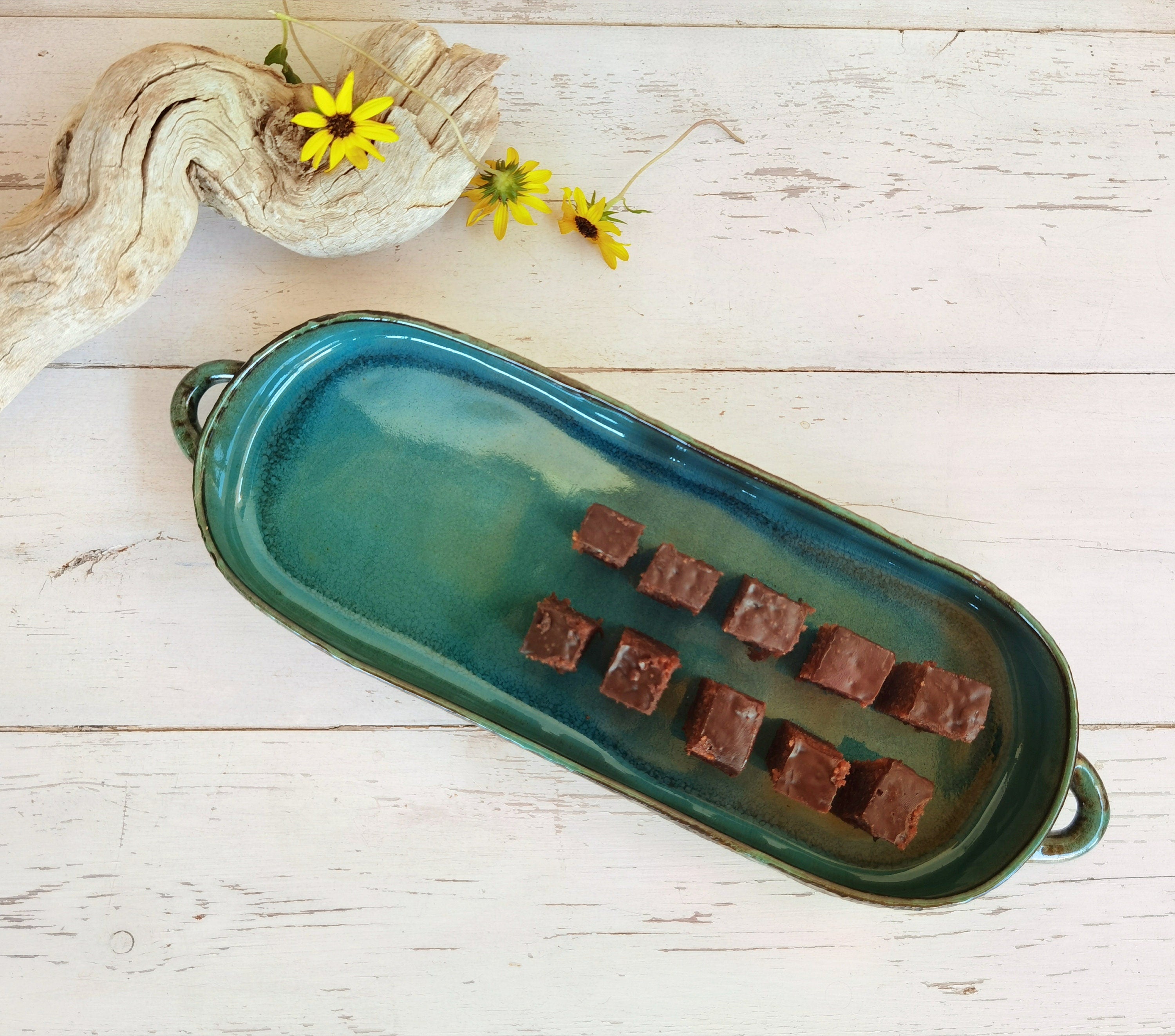 Handmade Turquoise Ceramic Serving Tray: Pottery Cheese Board
