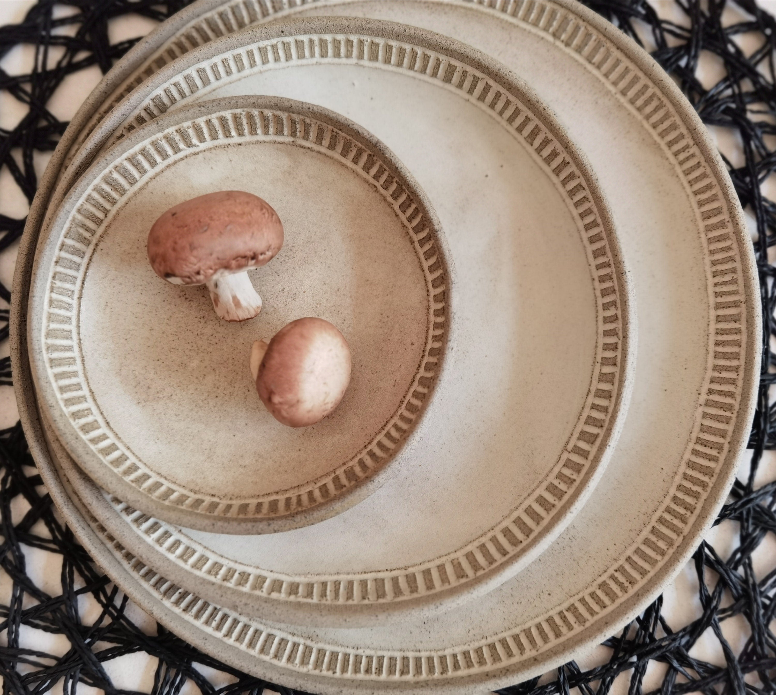 Set of 2 Beige Ceramic Dinner Plates: Engraved Stoneware