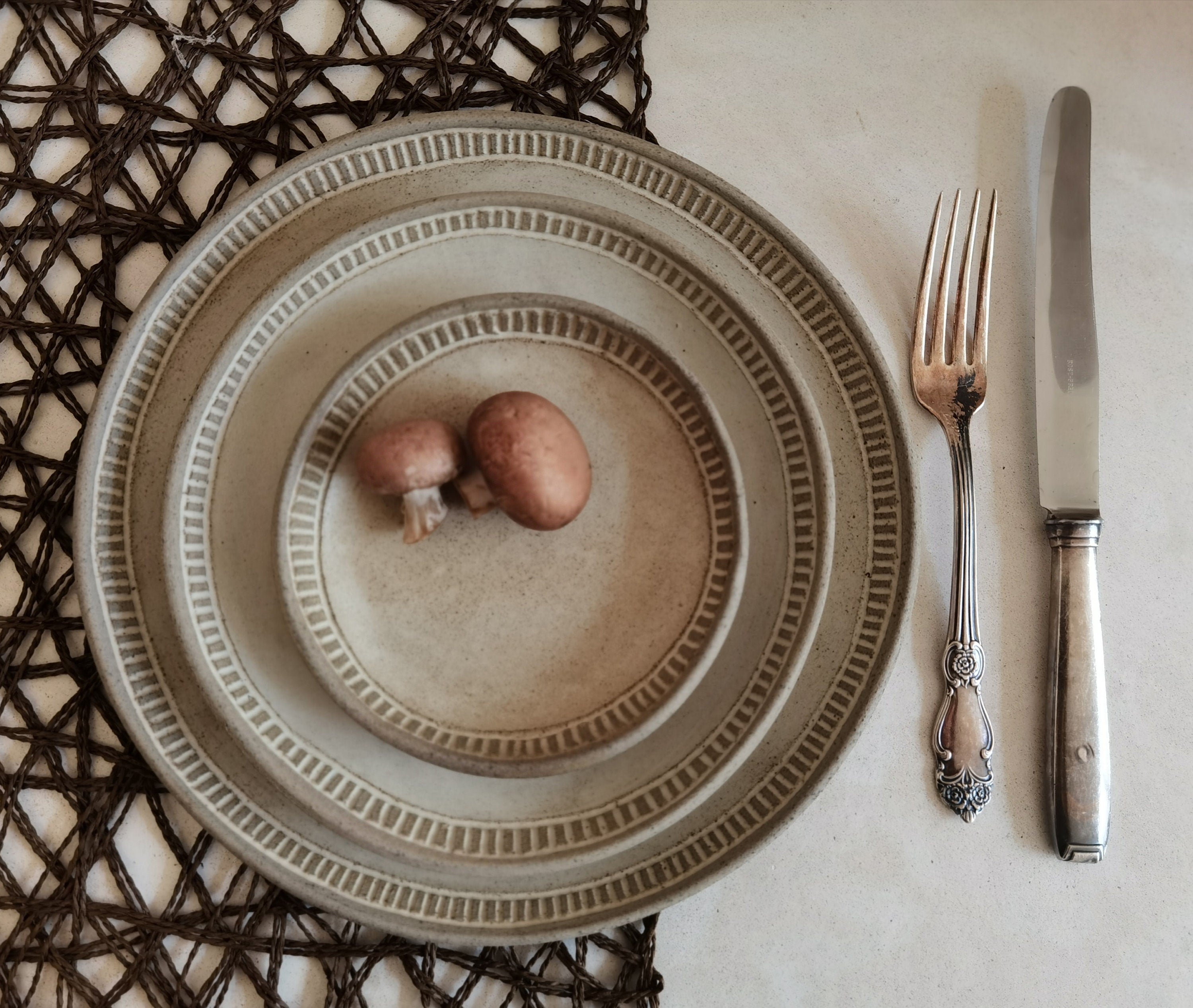 Handmade Beige Ceramic Plate Set: Minimalist Pottery Serving Dishes