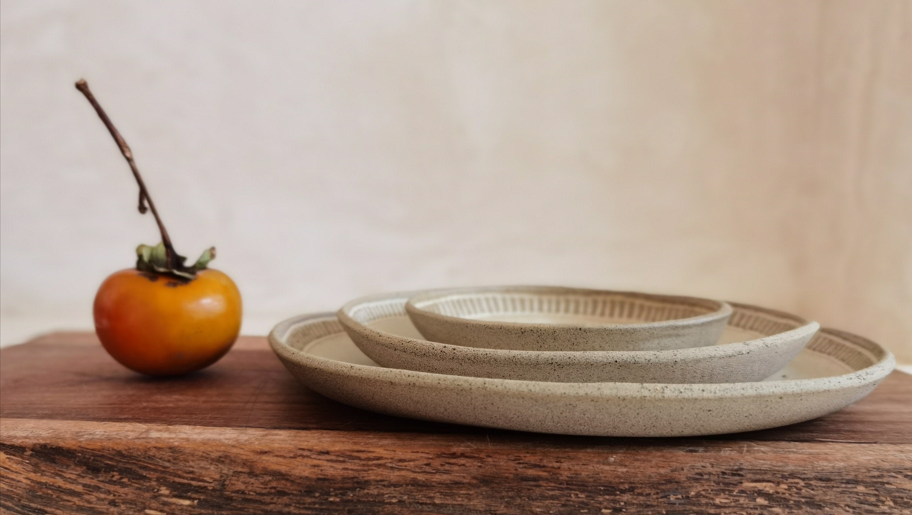 Handmade Beige Ceramic Plate Set: Minimalist Pottery Serving Dishes