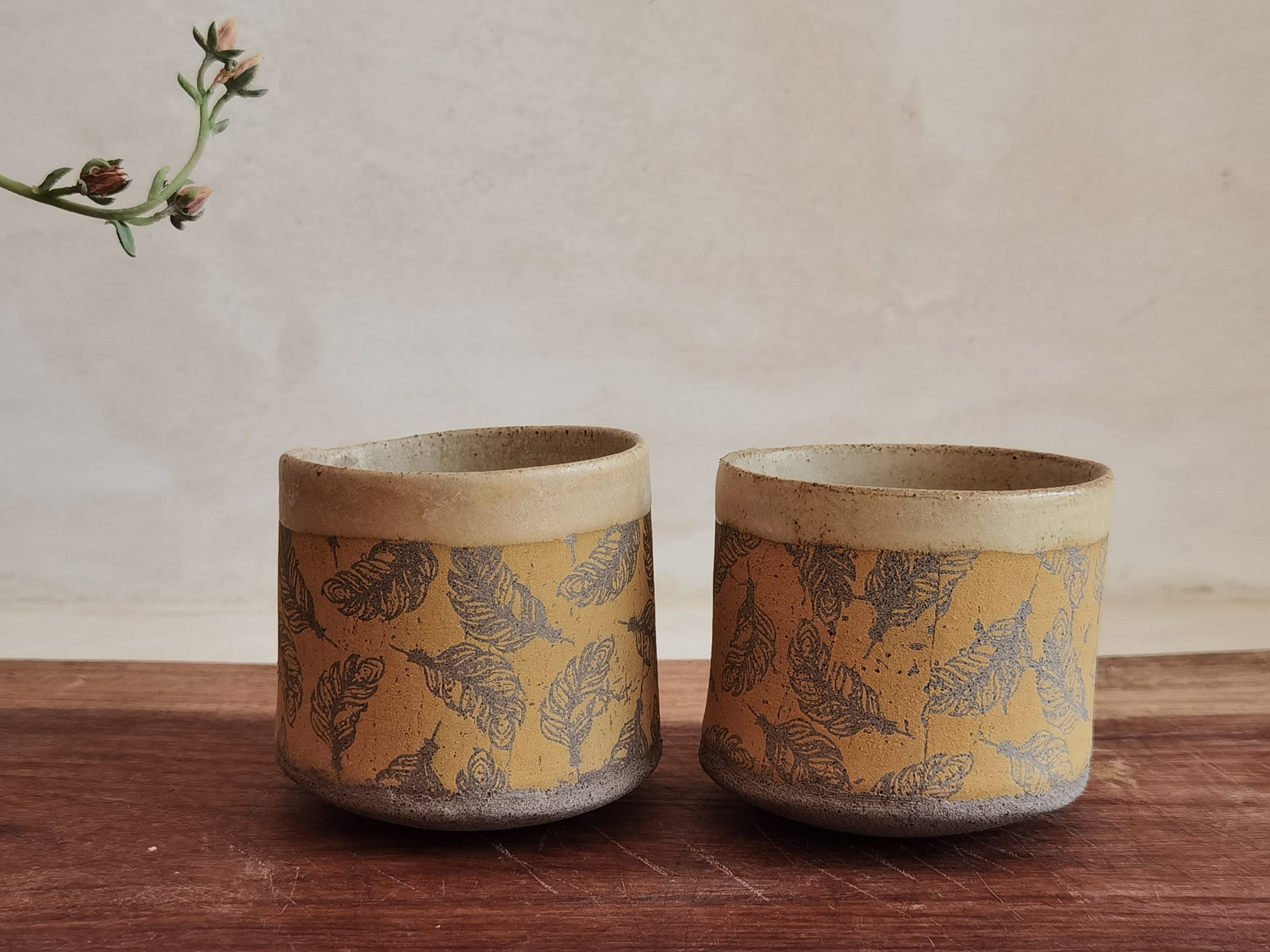 Handmade Ceramic Mug Set: Light Brown Pottery Tea Cups with Feather Print