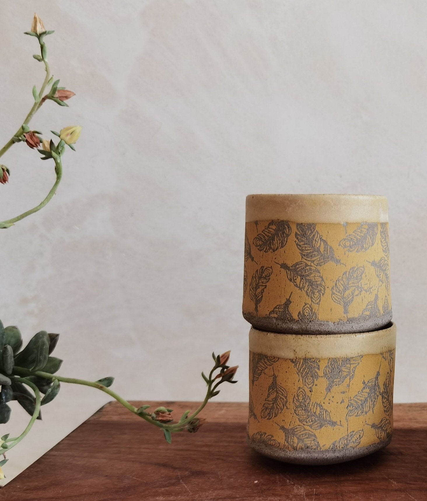 Handmade Ceramic Mug Set: Light Brown Pottery Tea Cups with Feather Print