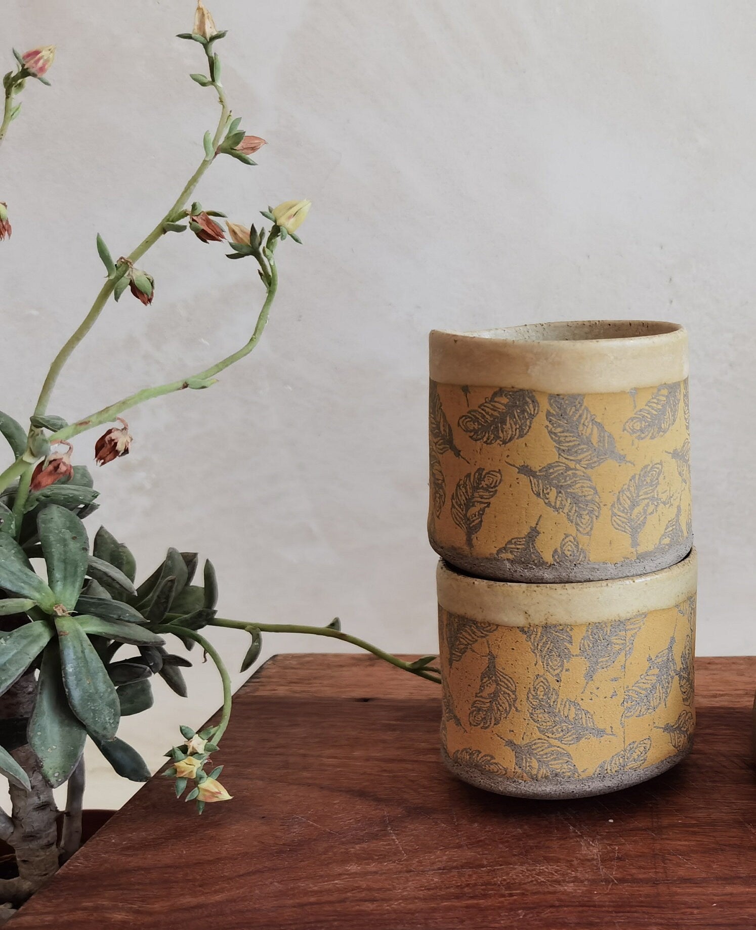 Handmade Ceramic Mug Set: Light Brown Pottery Tea Cups with Feather Print