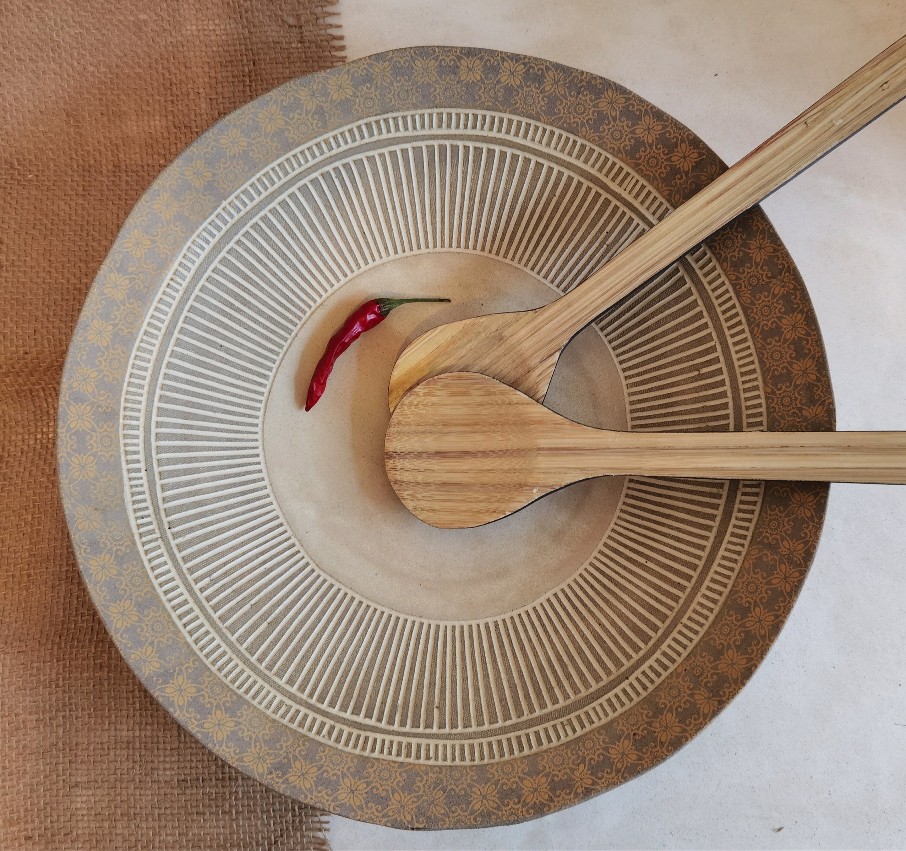 Large Ceramic Serving Bowl: Rustic Handmade Pottery with Print