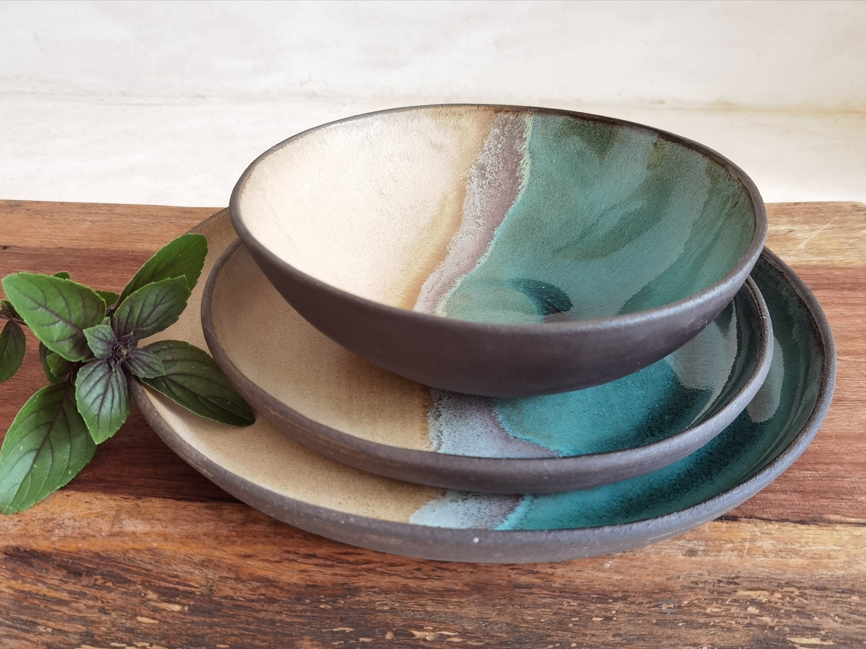Ceramic serving dish set, Modern Ceramic Dinnerware Set, Beige and Turquoise Ceramic set, Rustic Handmade Pottery