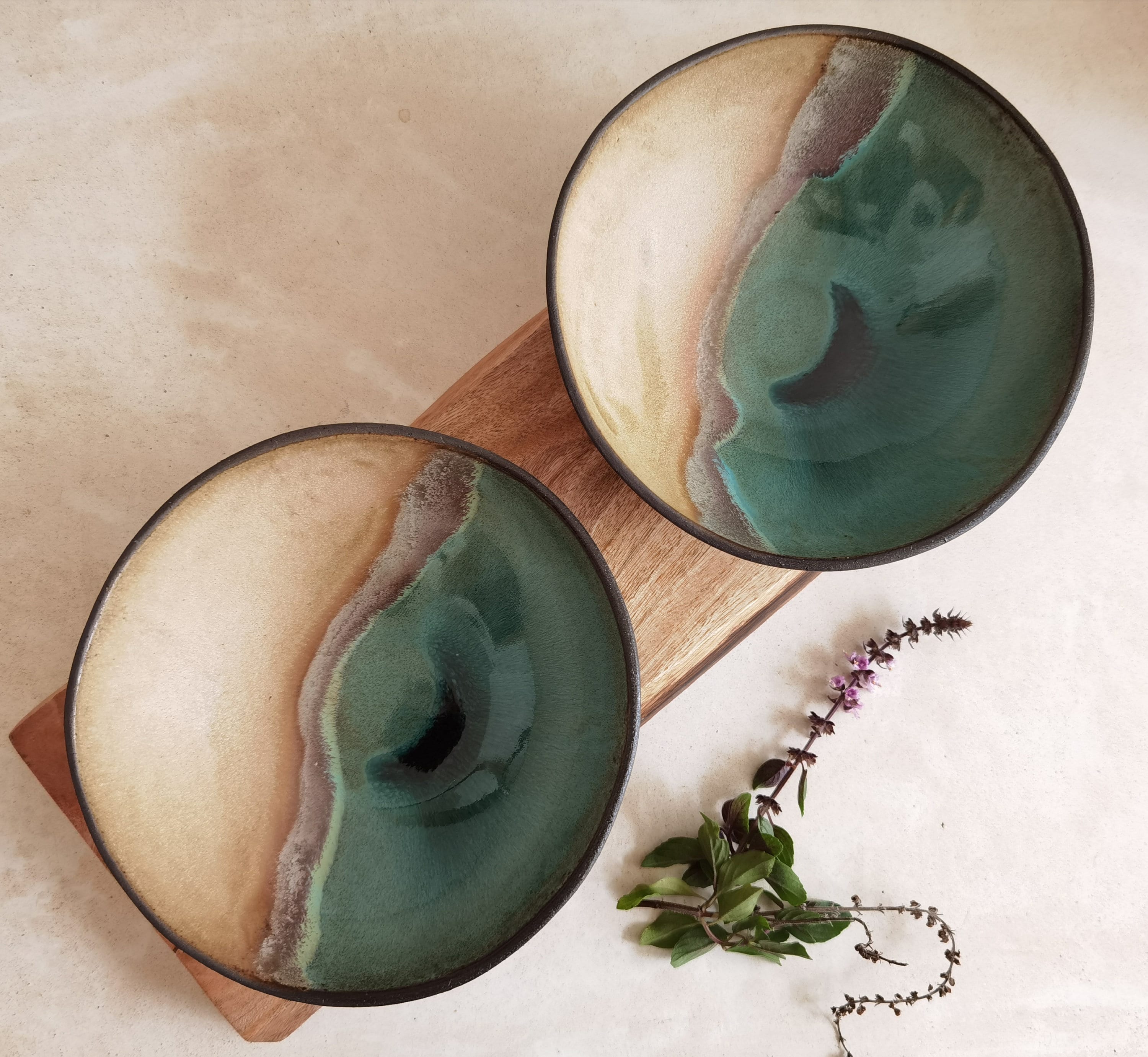 Handmade Ceramic Soup Bowls (Set of 2): Beige & Turquoise Pottery