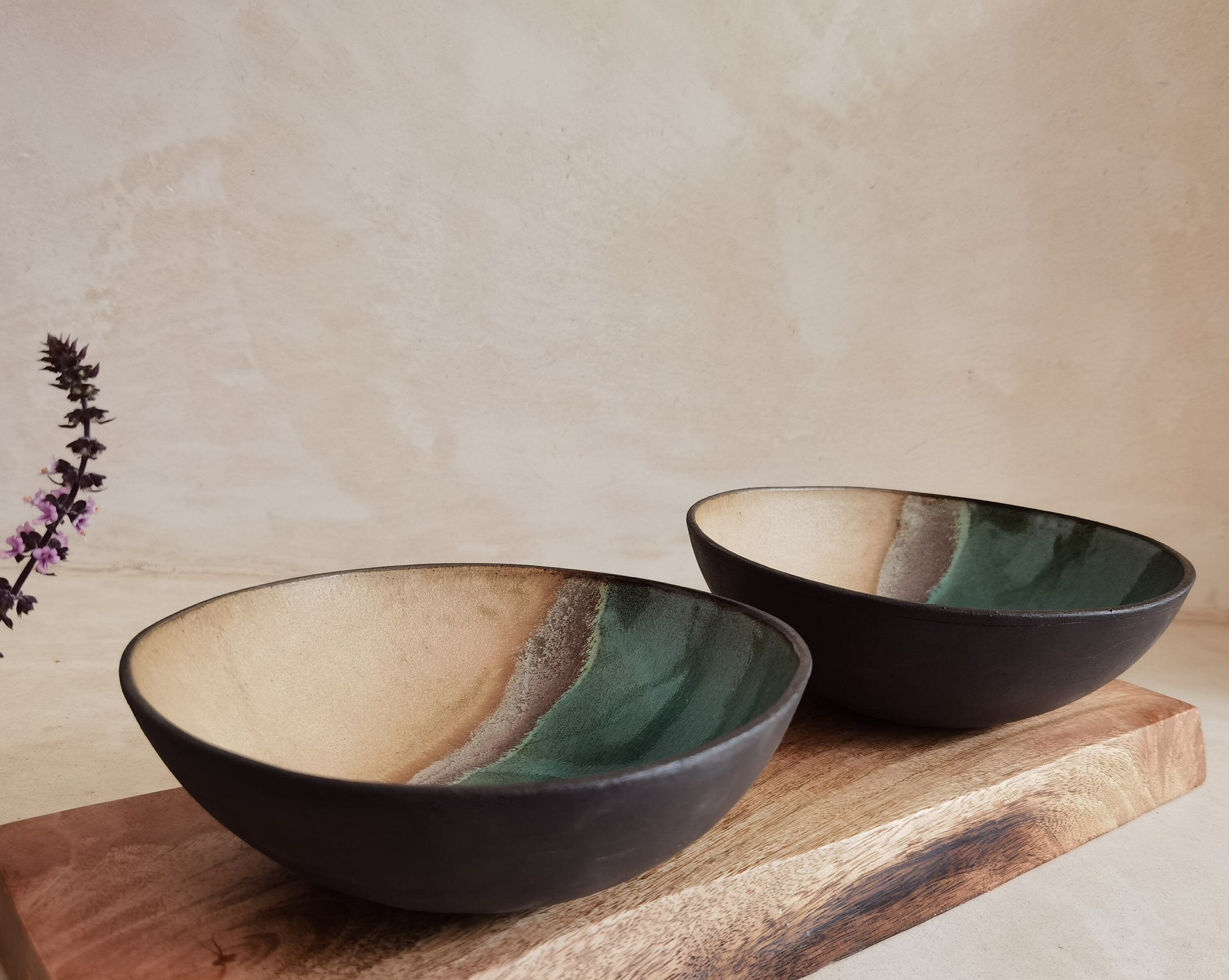 Handmade Ceramic Soup Bowls (Set of 2): Beige & Turquoise Pottery