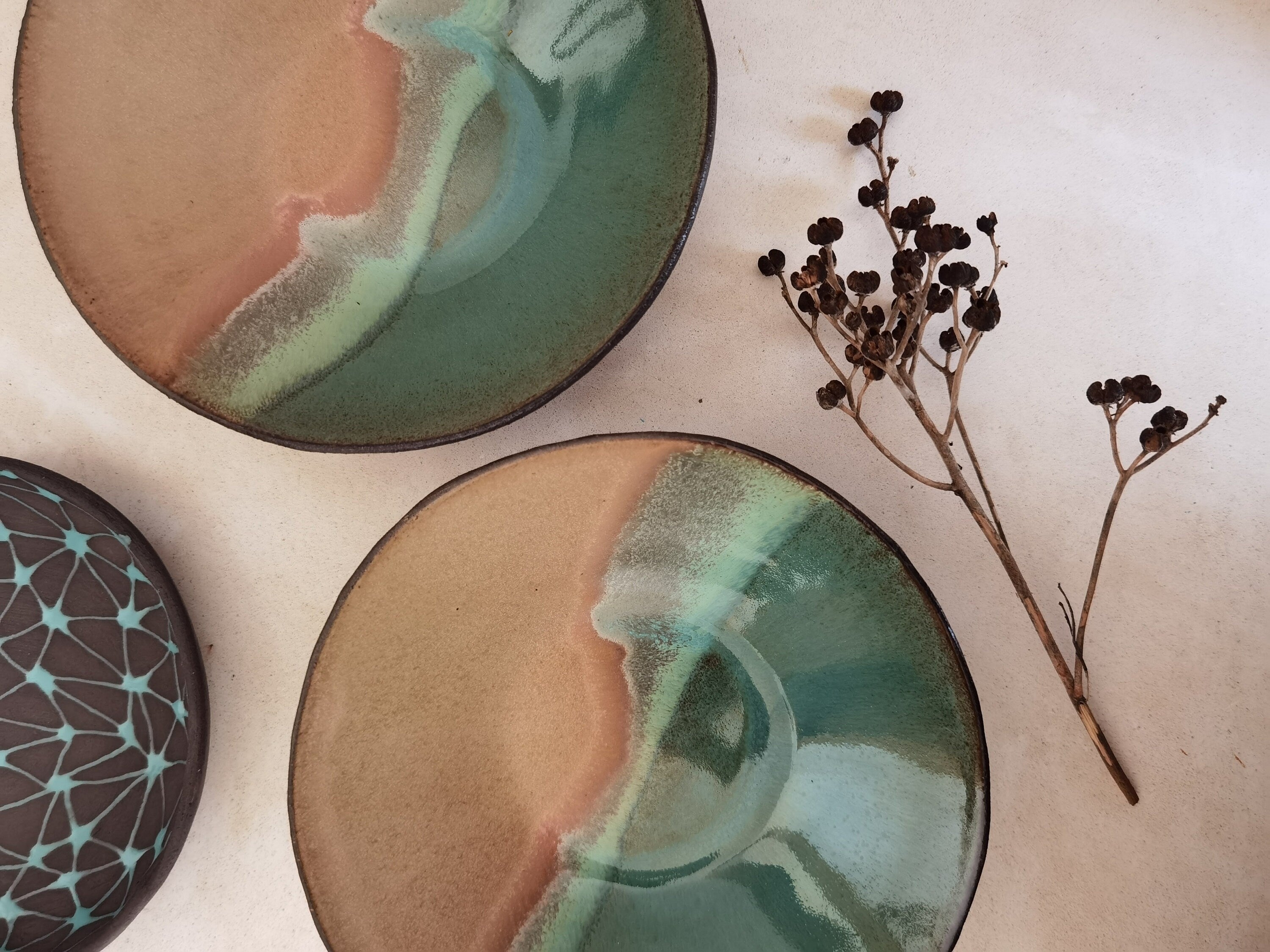 Handmade Ceramic Bowl Set: Beige & Turquoise Pottery, Snack Bowls