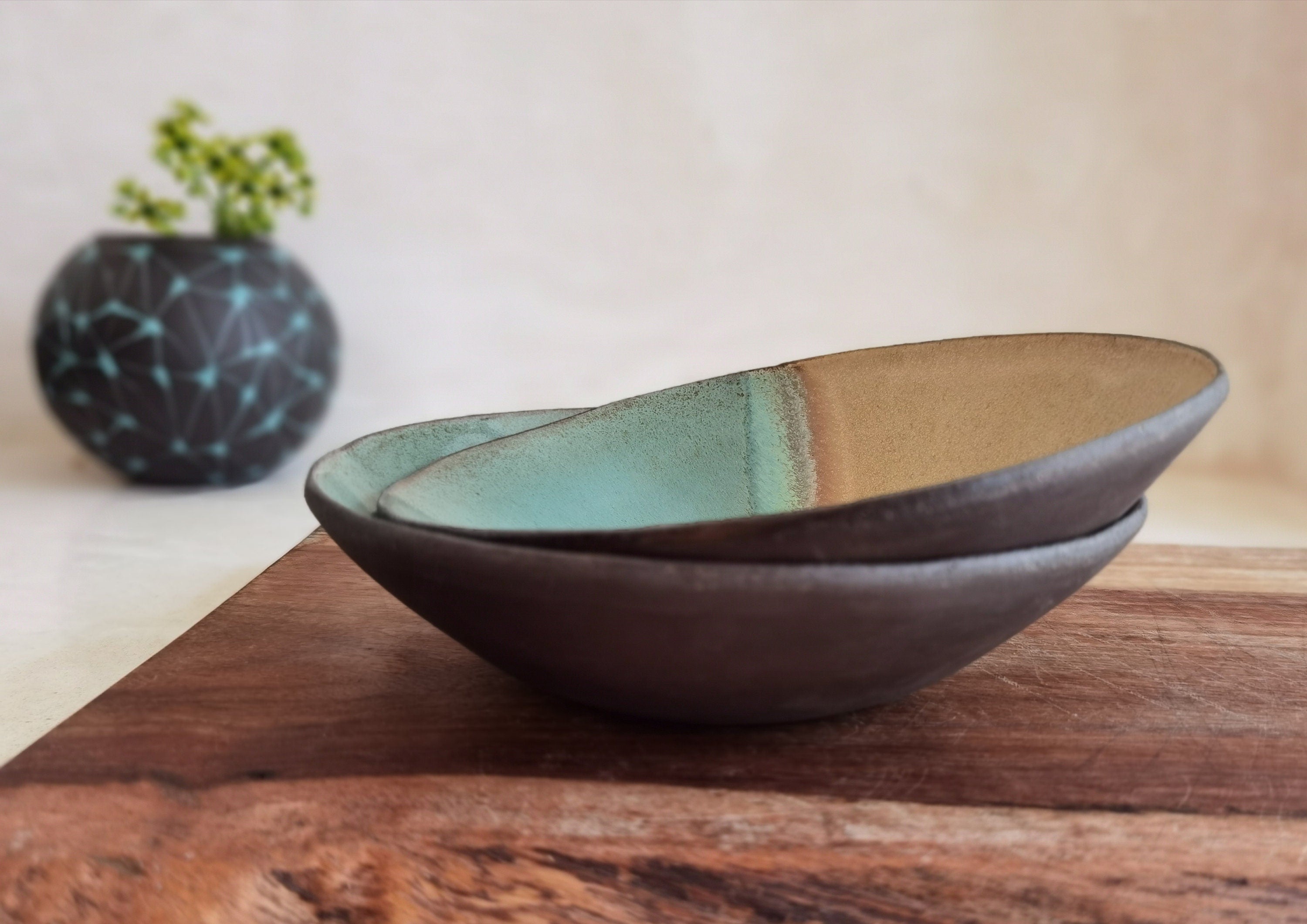 Handmade Ceramic Bowl Set: Beige & Turquoise Pottery, Snack Bowls
