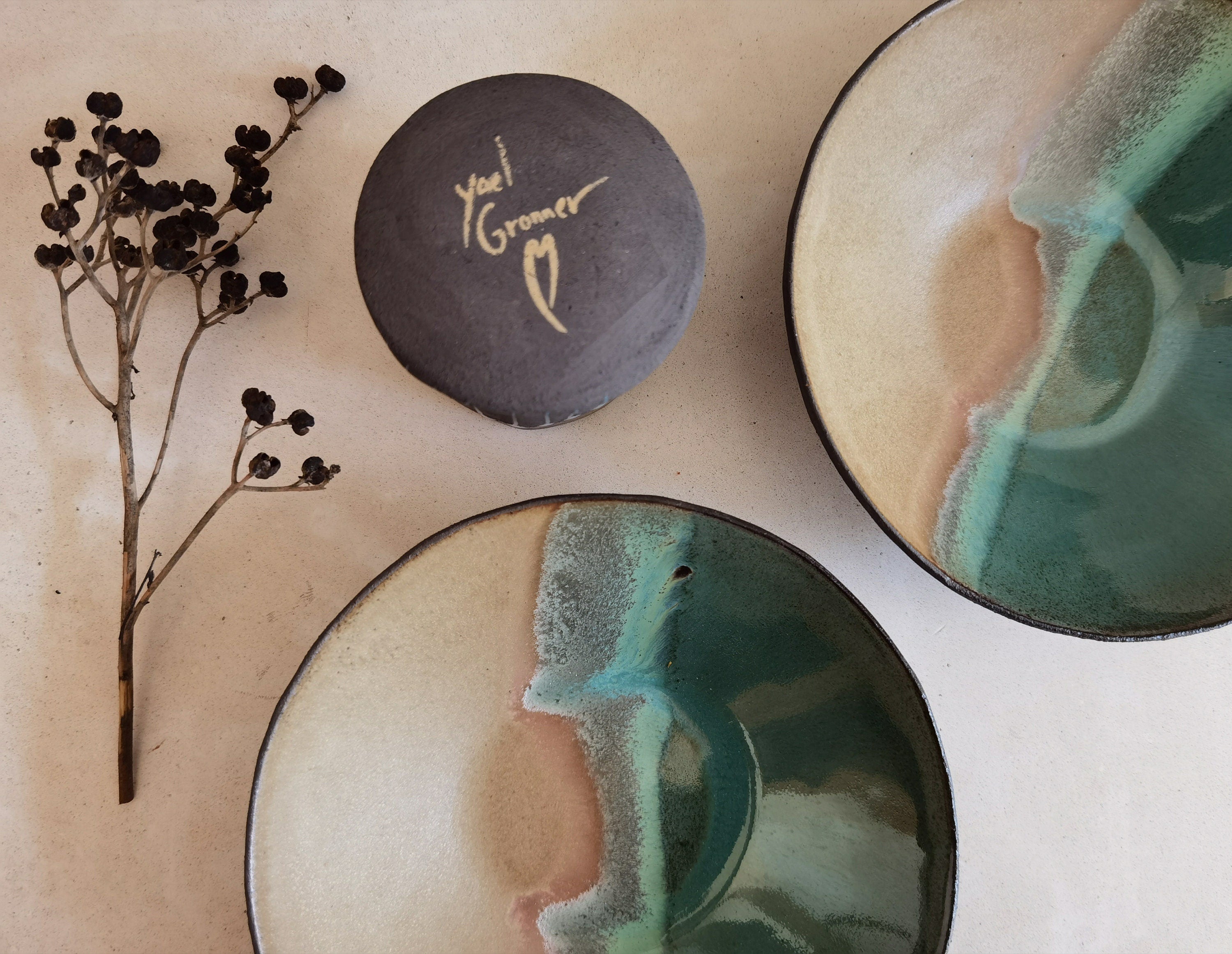 Handmade Ceramic Bowl Set: Beige & Turquoise Pottery, Snack Bowls