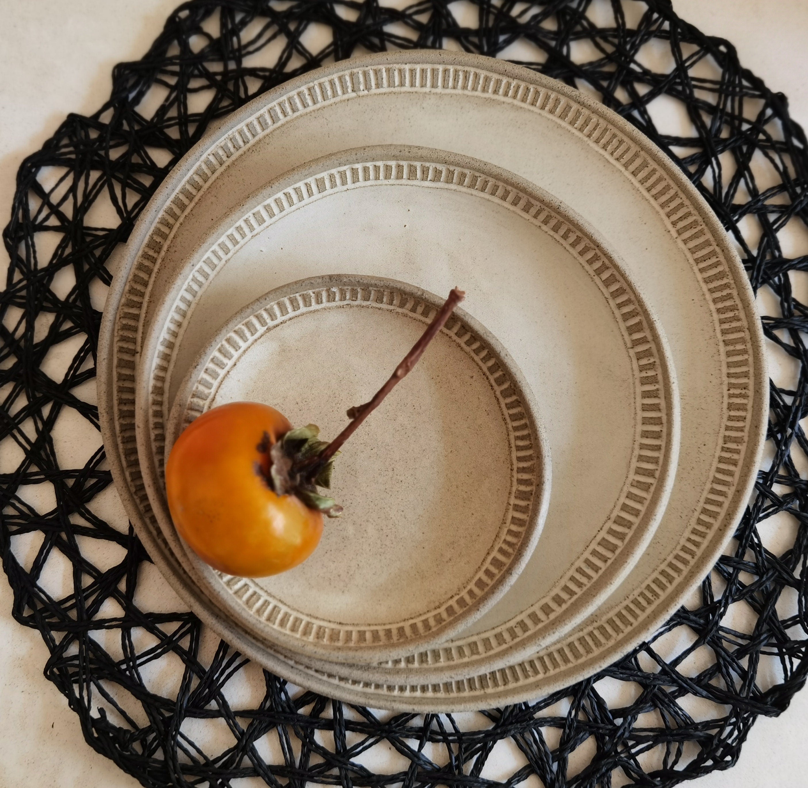 Set of 2 Beige Ceramic Dinner Plates: Engraved Stoneware
