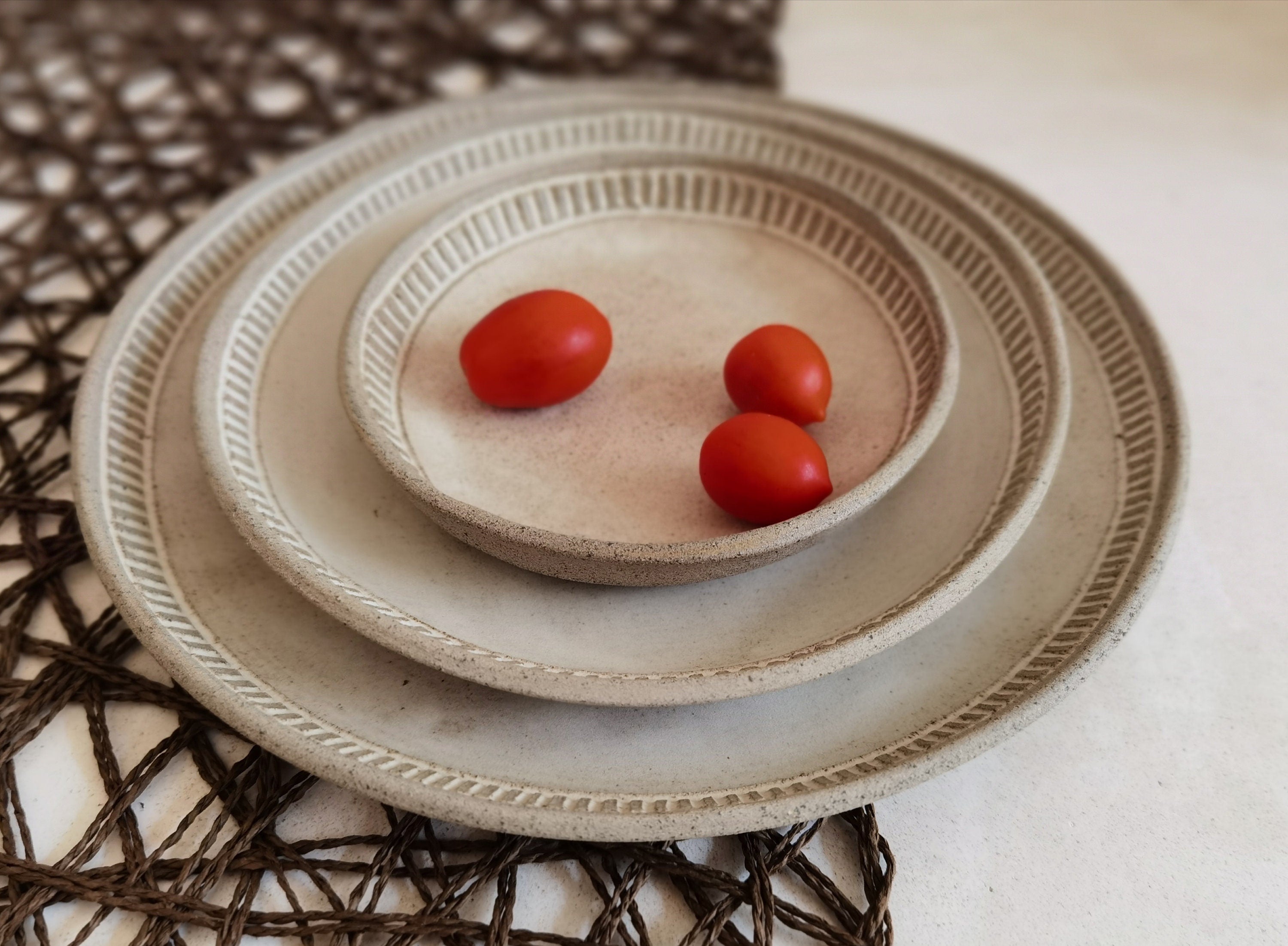 Handmade Beige Ceramic Plate Set: Minimalist Pottery Serving Dishes