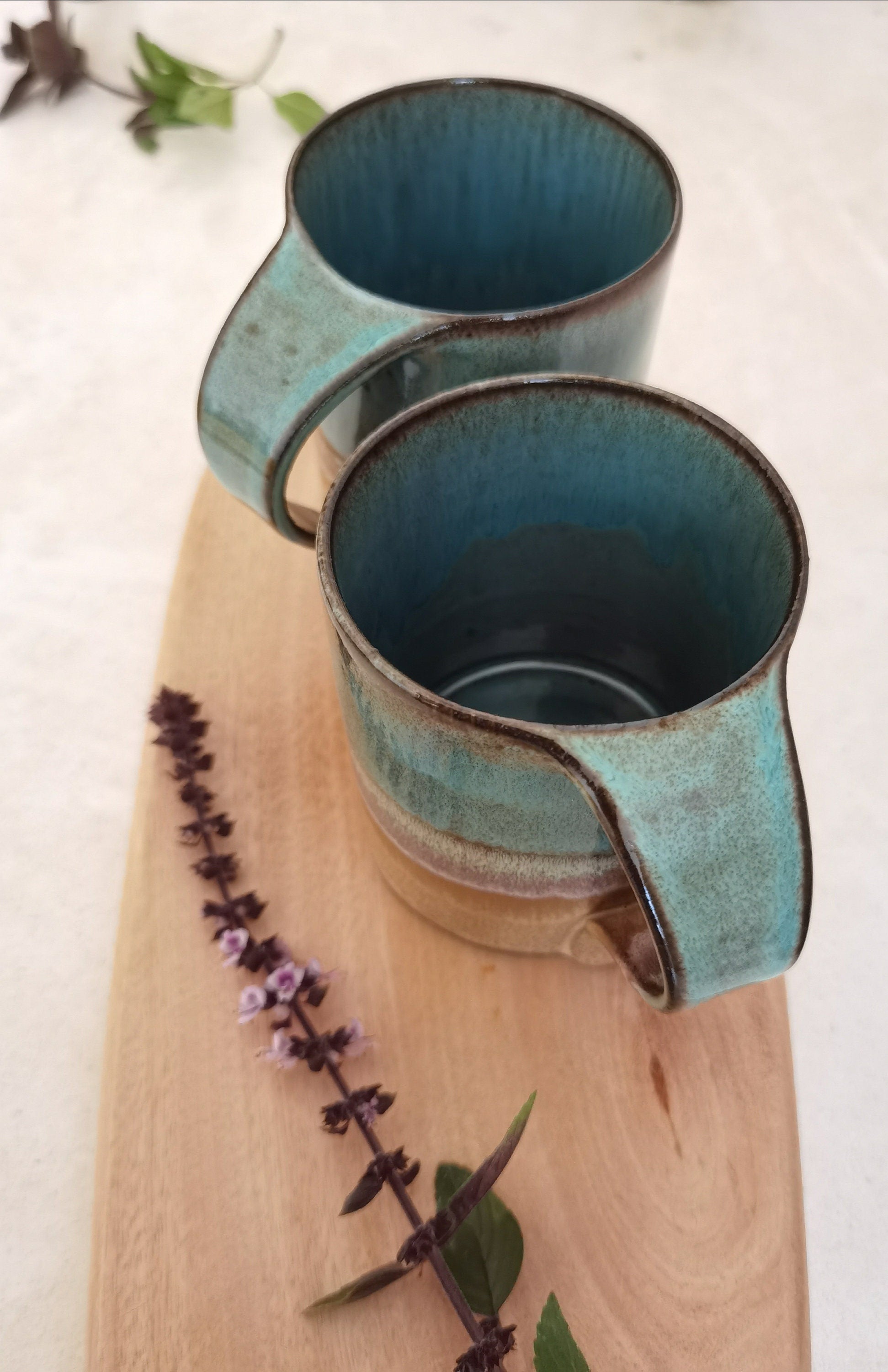 Handmade Beige and Turquoise Ceramic Mug: Pottery Coffee Cup
