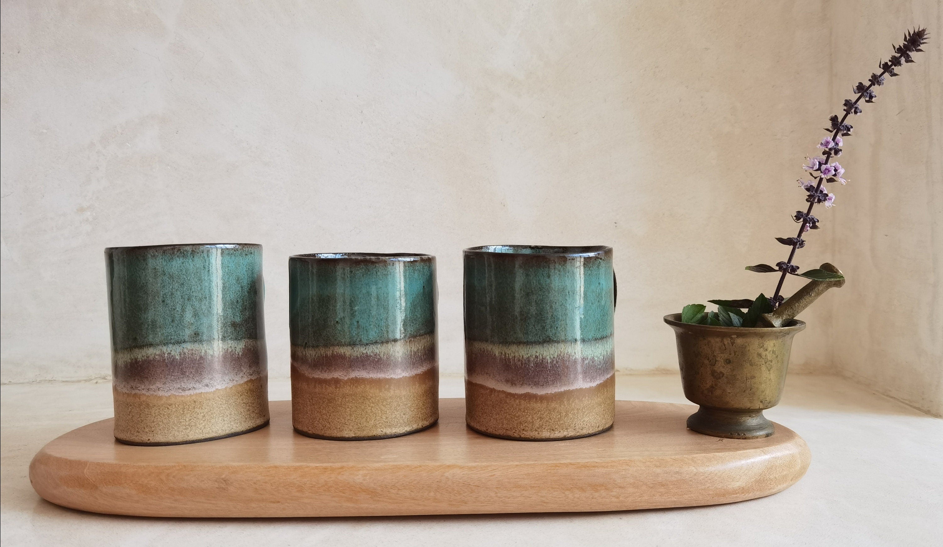 Handmade Beige and Turquoise Ceramic Mug: Pottery Coffee Cup