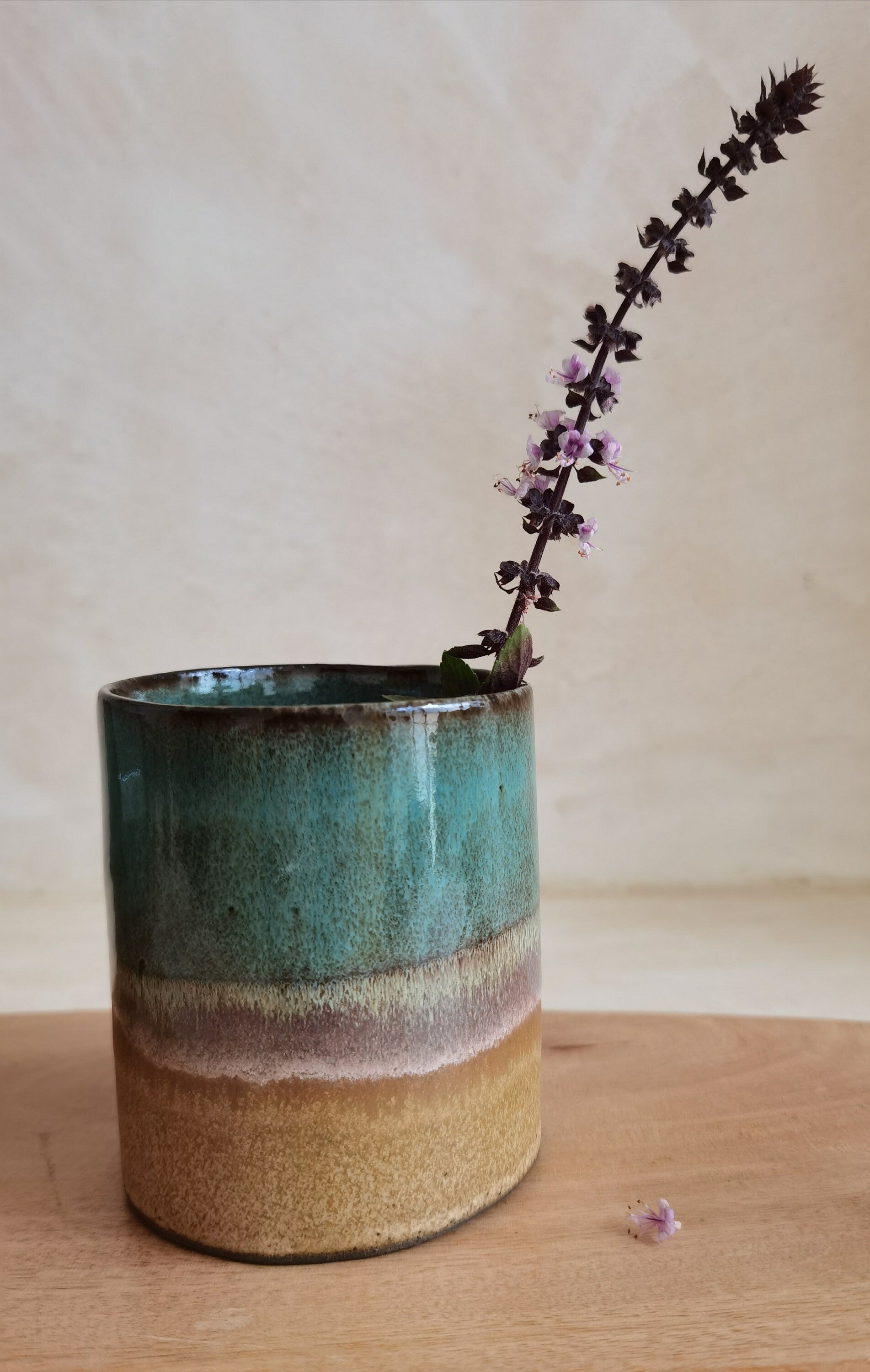 Handmade Beige and Turquoise Ceramic Mug: Pottery Coffee Cup