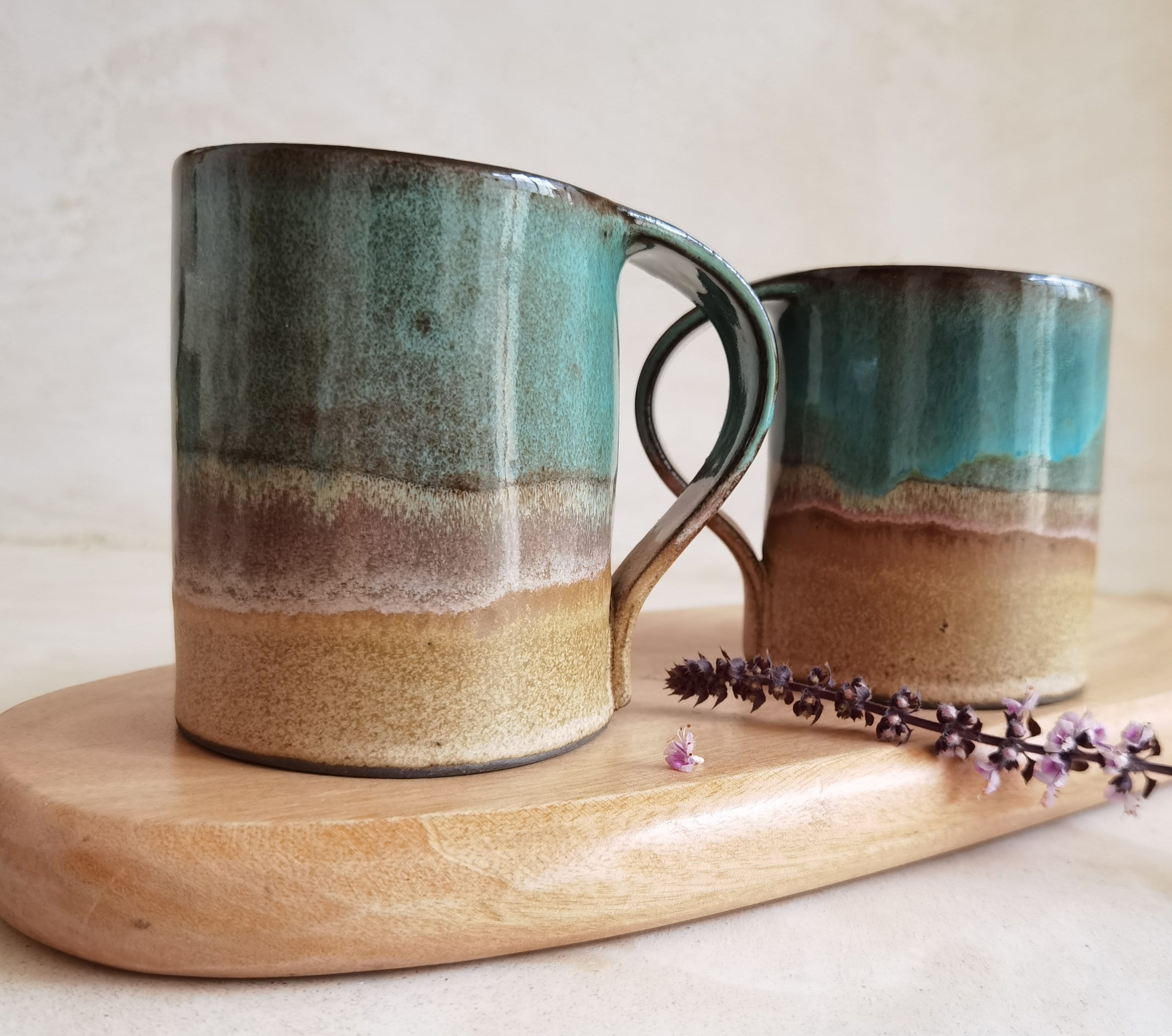 Handmade Beige and Turquoise Ceramic Mug: Pottery Coffee Cup
