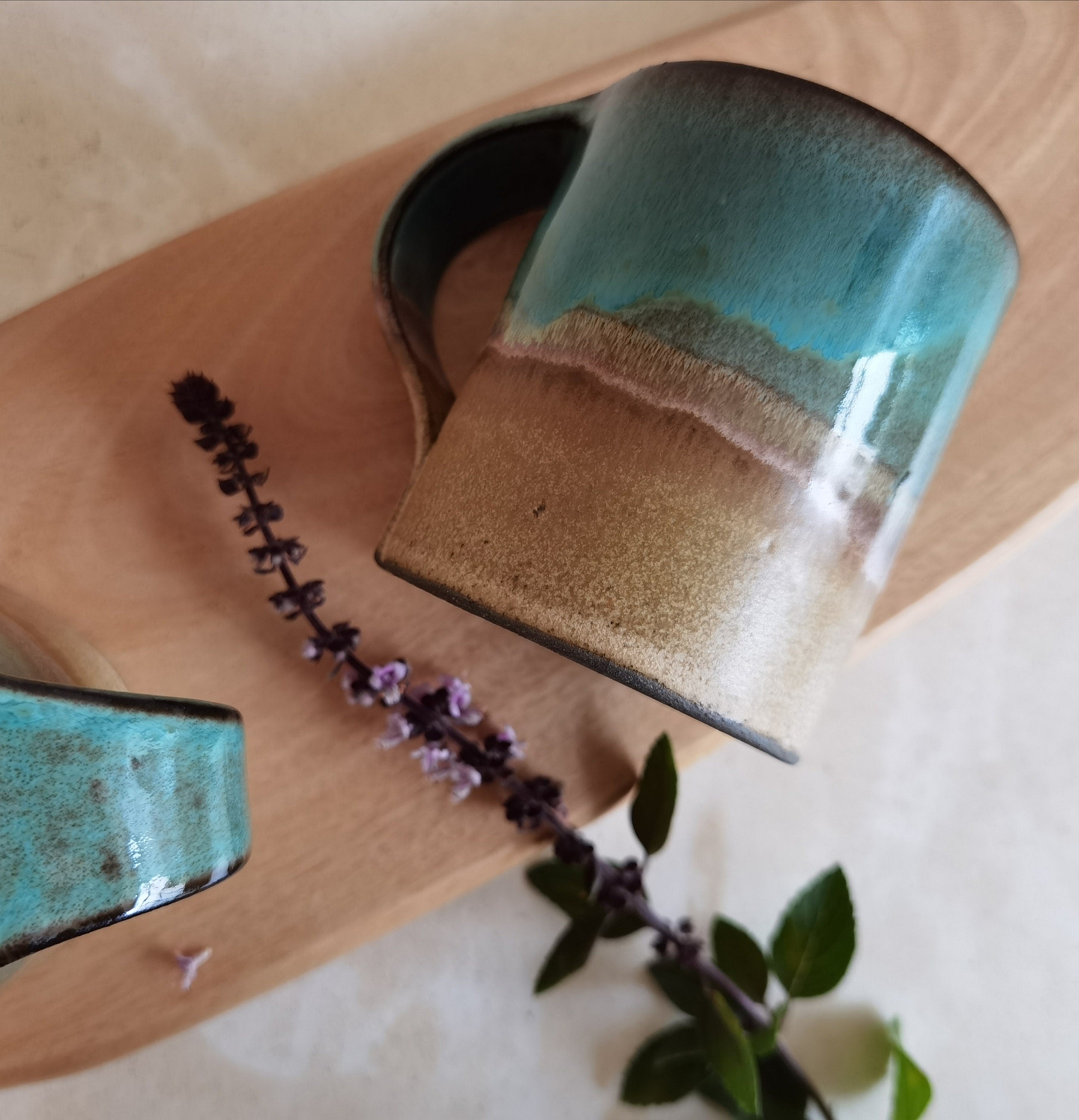 Handmade Beige and Turquoise Ceramic Mug: Pottery Coffee Cup