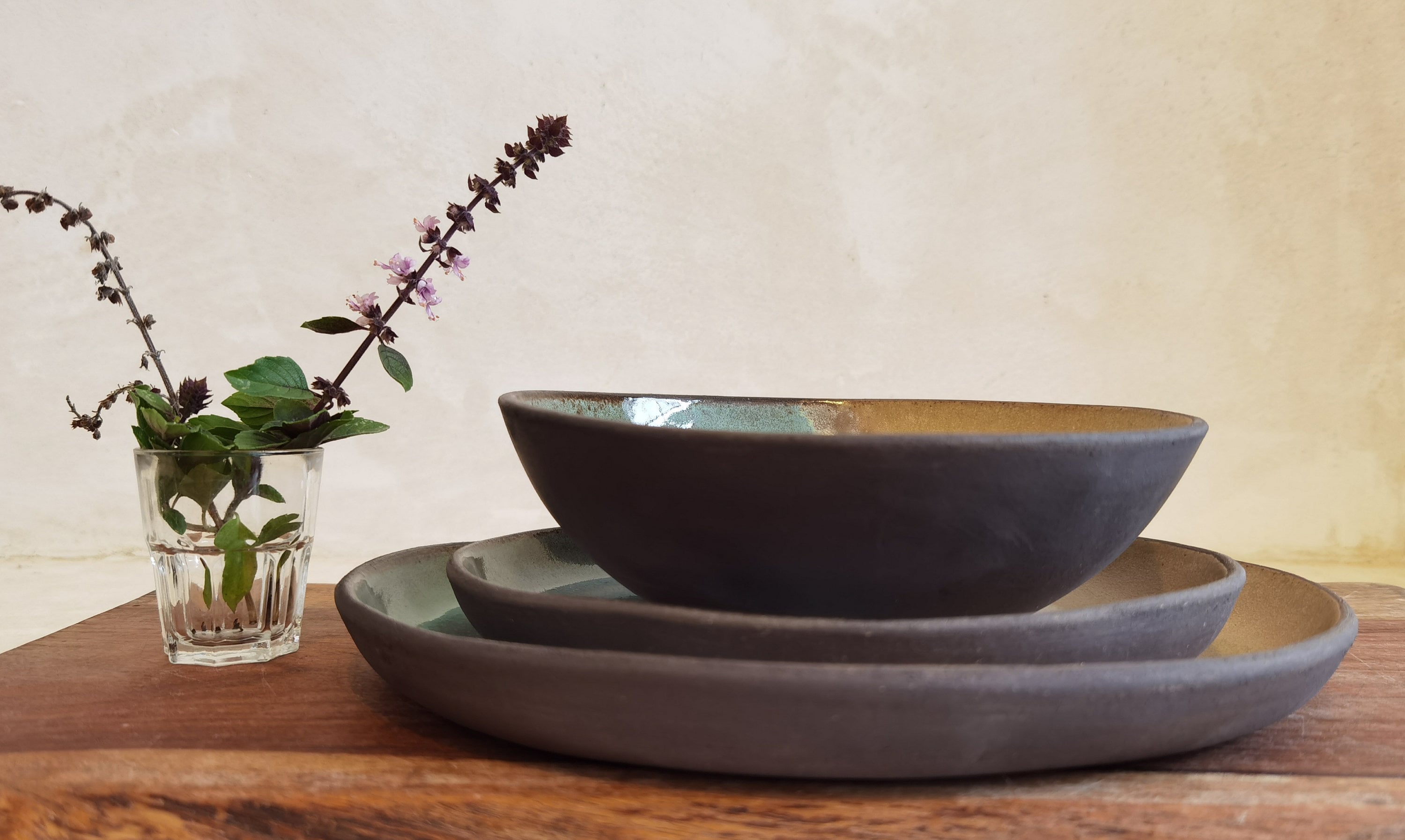 Ceramic serving dish set, Modern Ceramic Dinnerware Set, Beige and Turquoise Ceramic set, Rustic Handmade Pottery