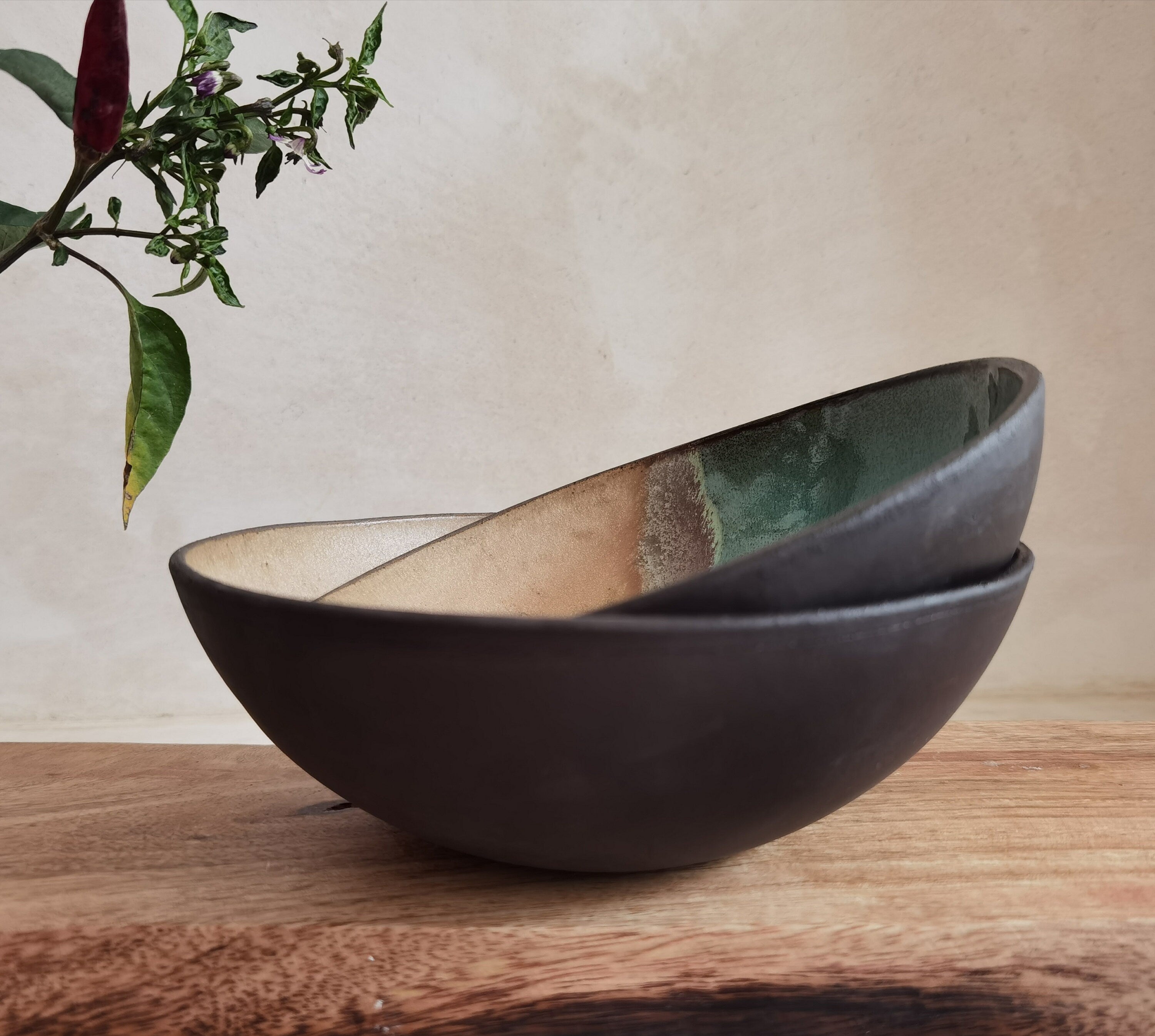 Handmade Ceramic Soup Bowls (Set of 2): Beige & Turquoise Pottery