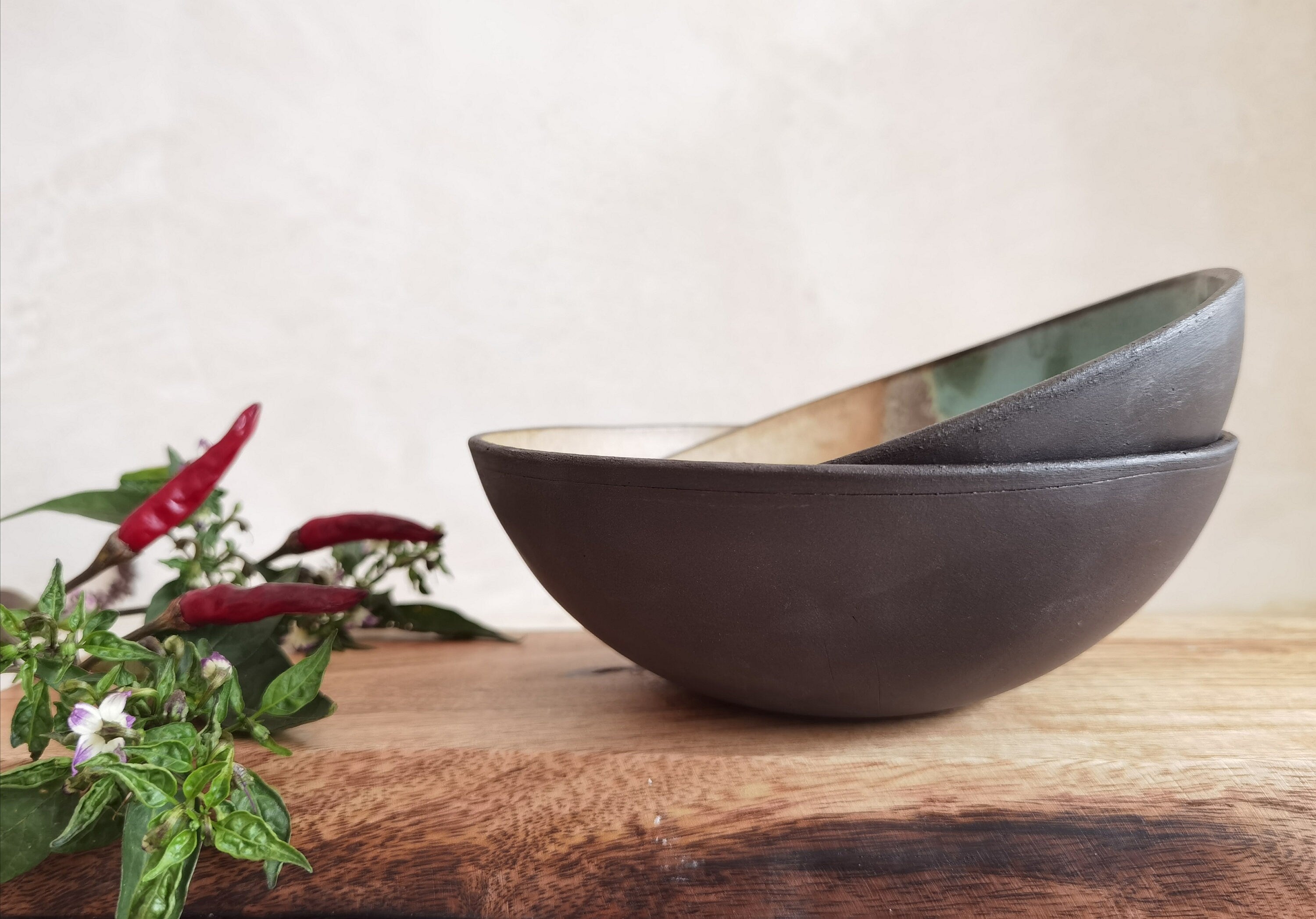 Handmade Ceramic Soup Bowls: Beige & Turquoise Ramen Bowls (Set of 2)