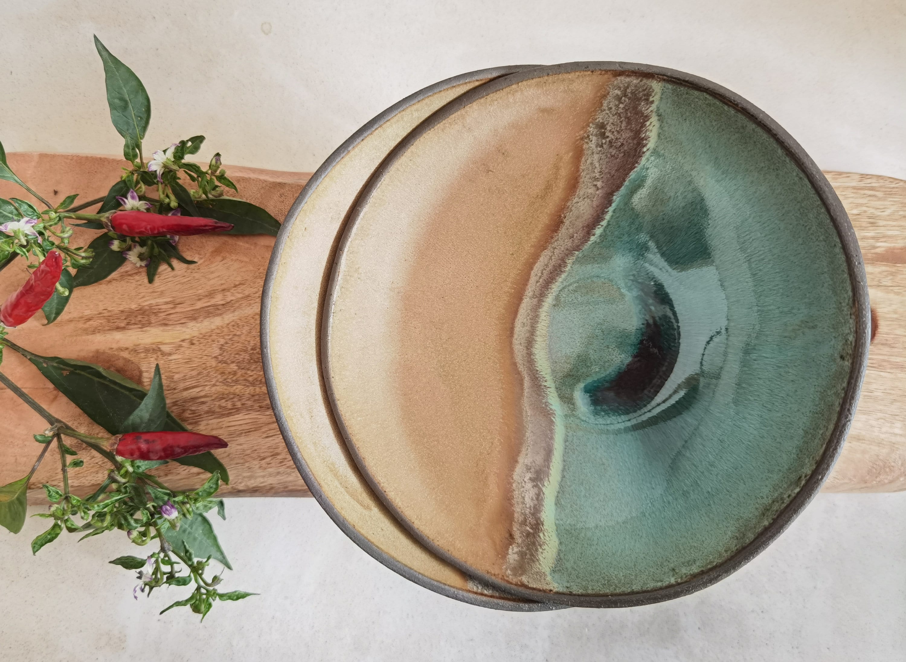 Handmade Ceramic Soup Bowls (Set of 2): Beige & Turquoise Pottery