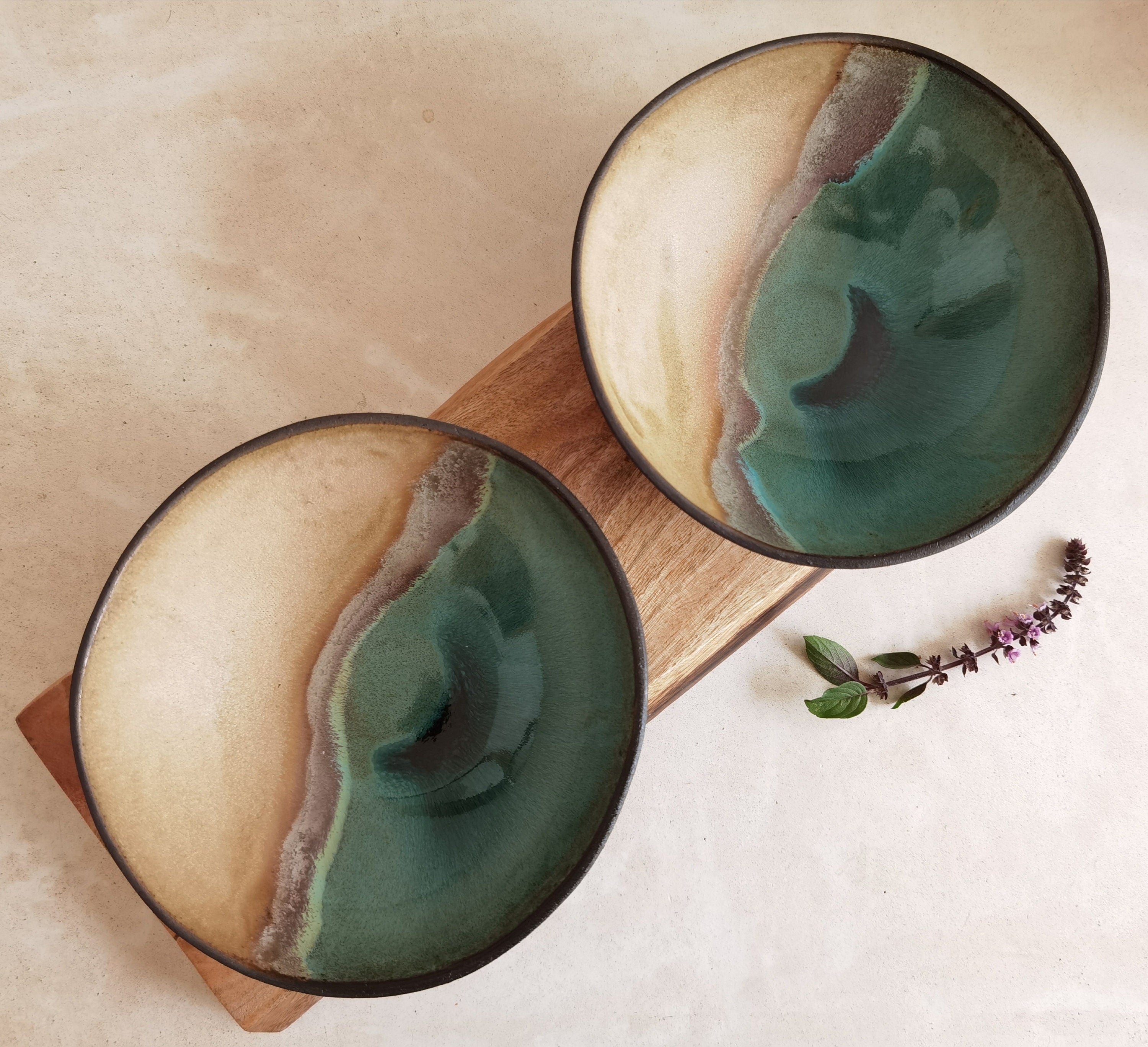 Handmade Ceramic Soup Bowls (Set of 2): Beige & Turquoise Pottery