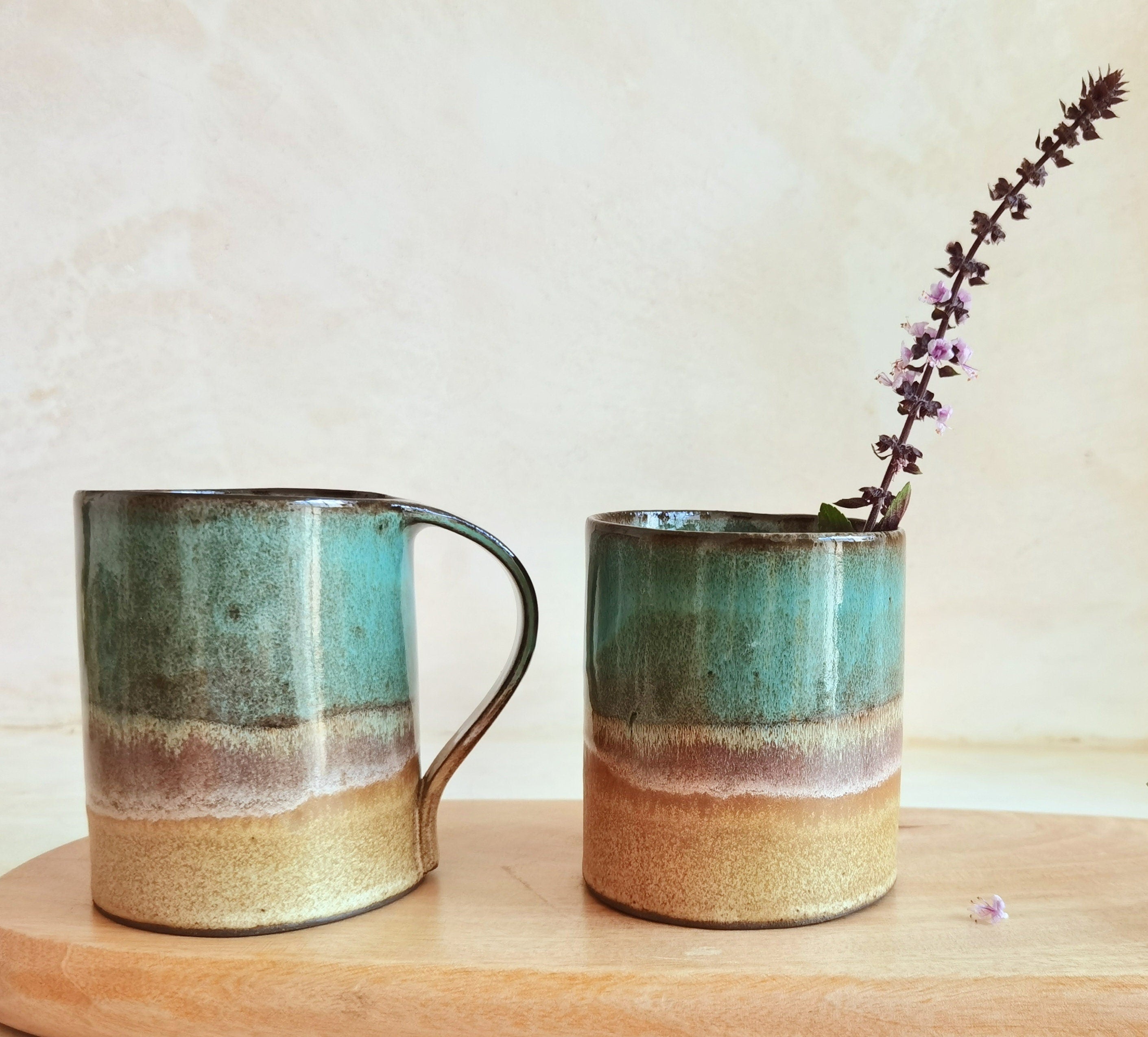Handmade Beige and Turquoise Ceramic Mug: Pottery Coffee Cup