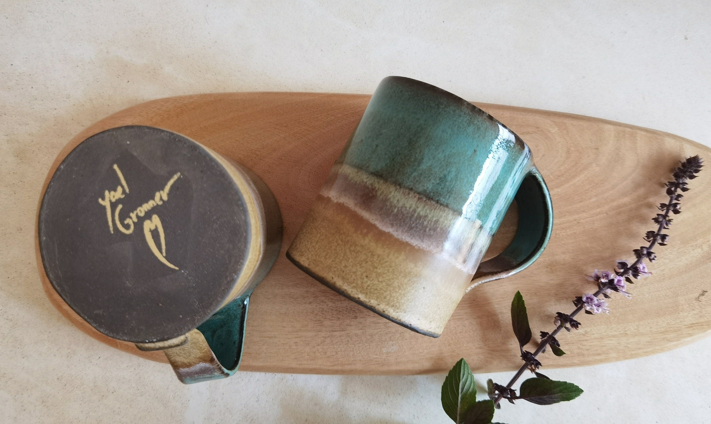 Handmade Beige and Turquoise Ceramic Mug: Pottery Coffee Cup