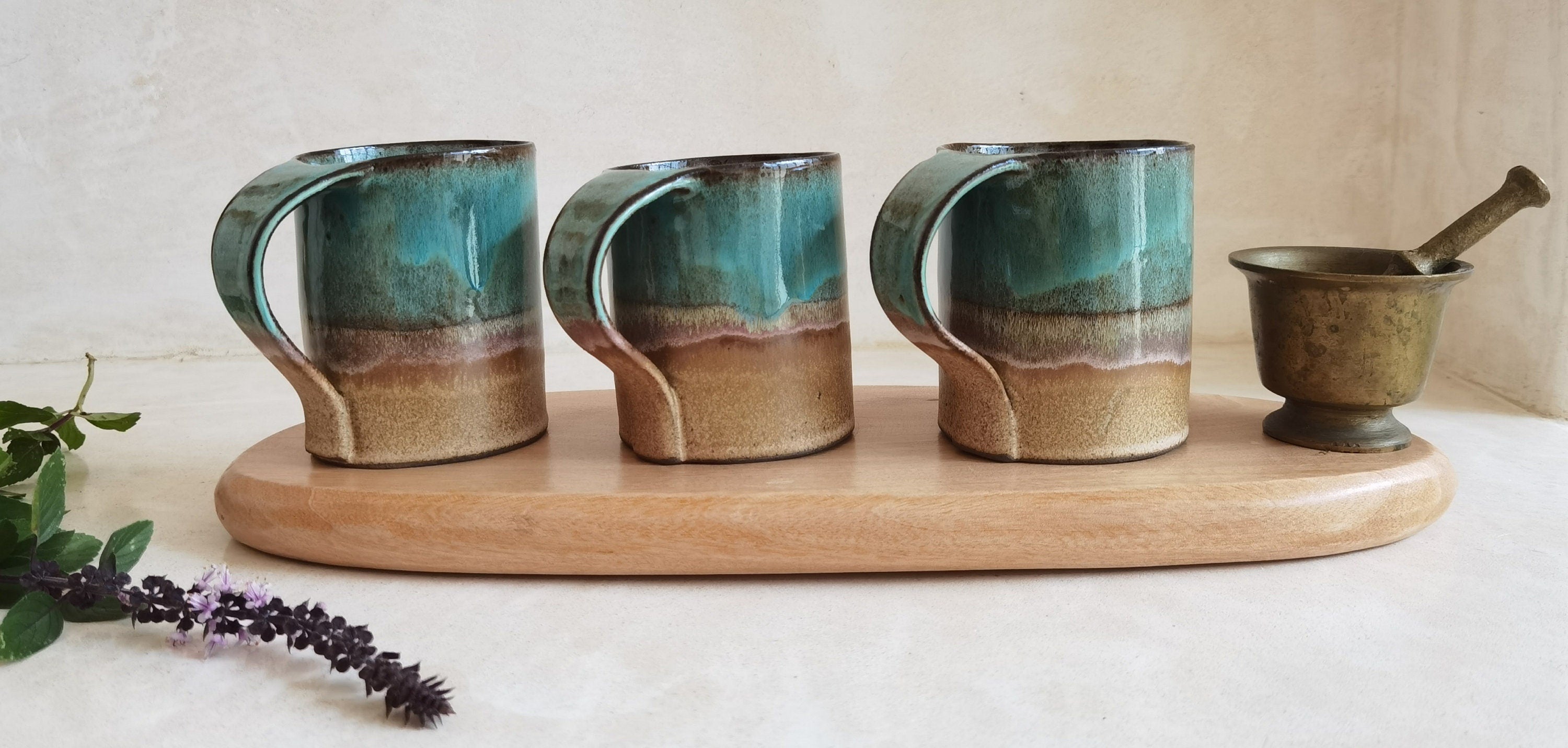 Handmade Beige and Turquoise Ceramic Mug: Pottery Coffee Cup
