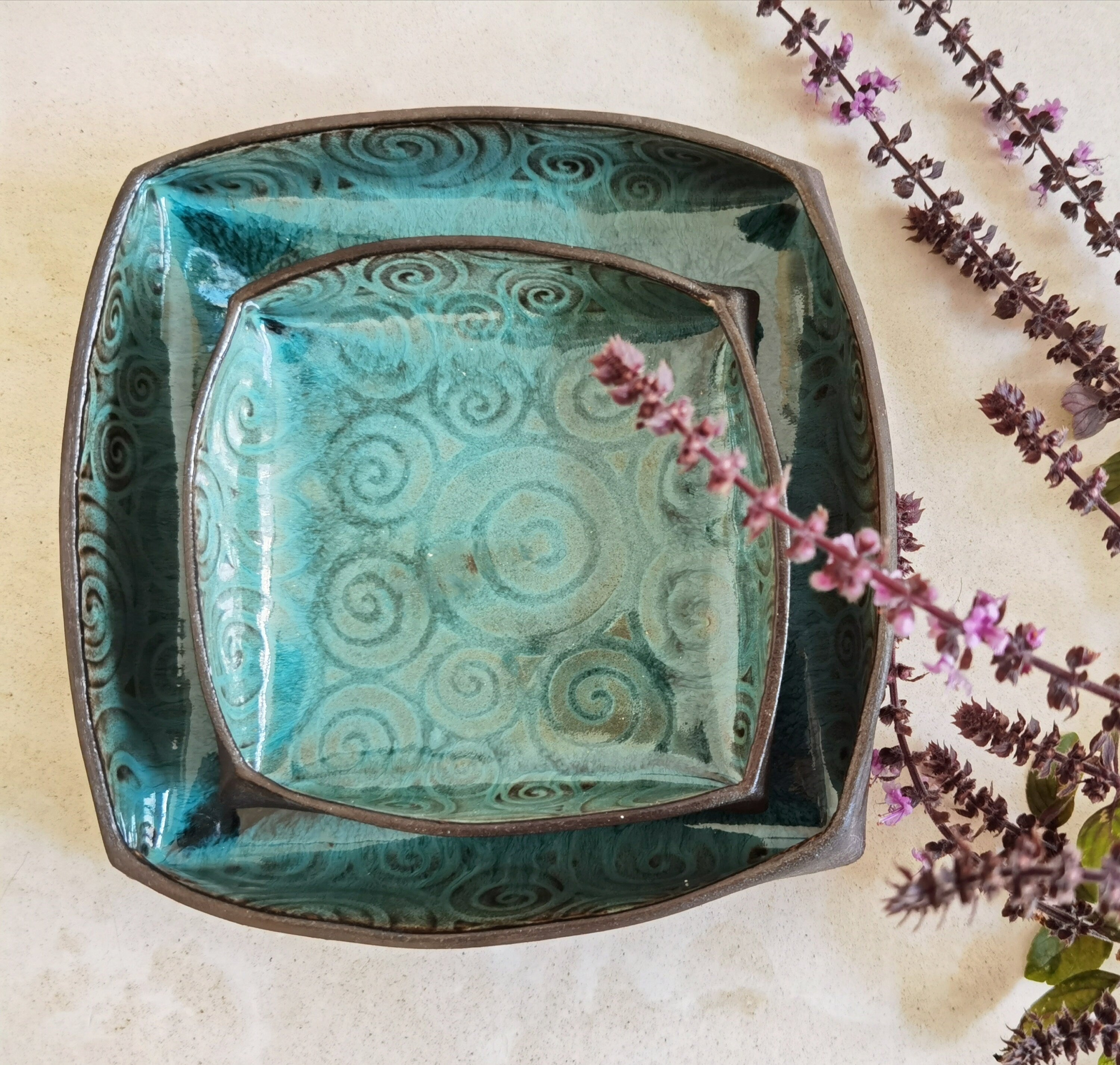 Handmade Ceramic Serving Dish Set: Turquoise Pottery Trays