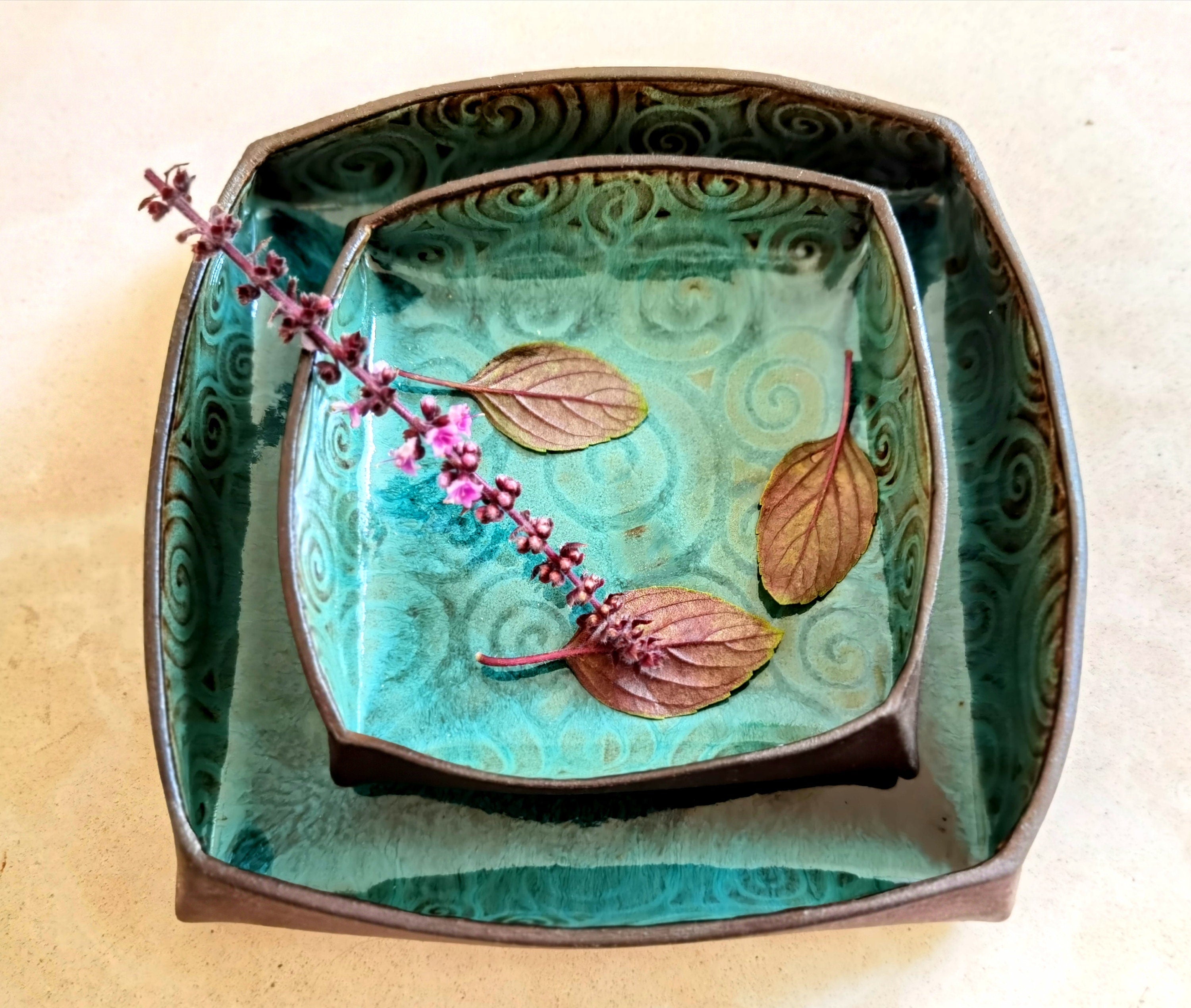 Handmade Ceramic Serving Dish Set: Turquoise Pottery Trays