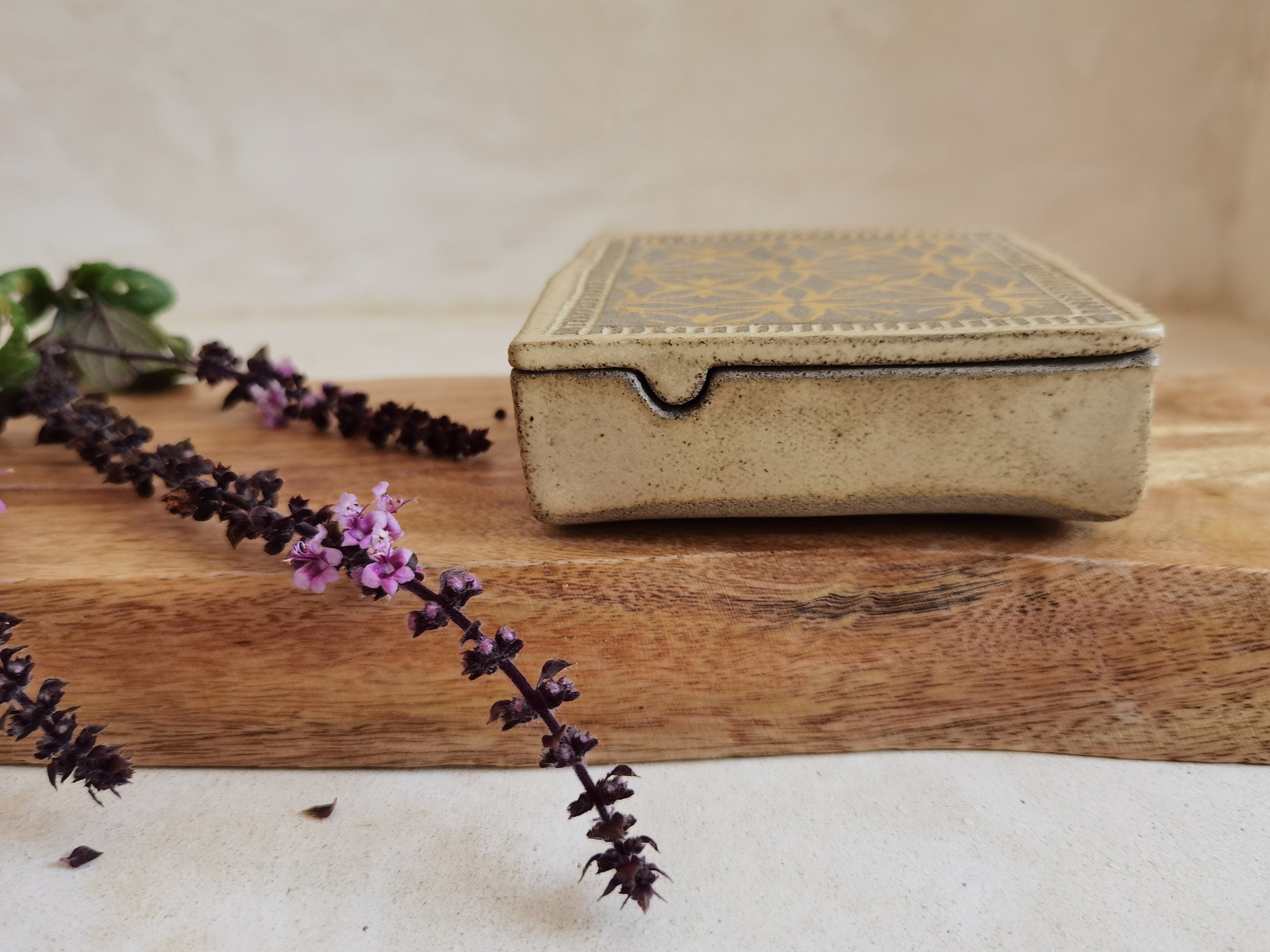 Square Ceramic Jewelry Box: Yellow Print, Beige Glaze, Three Cells