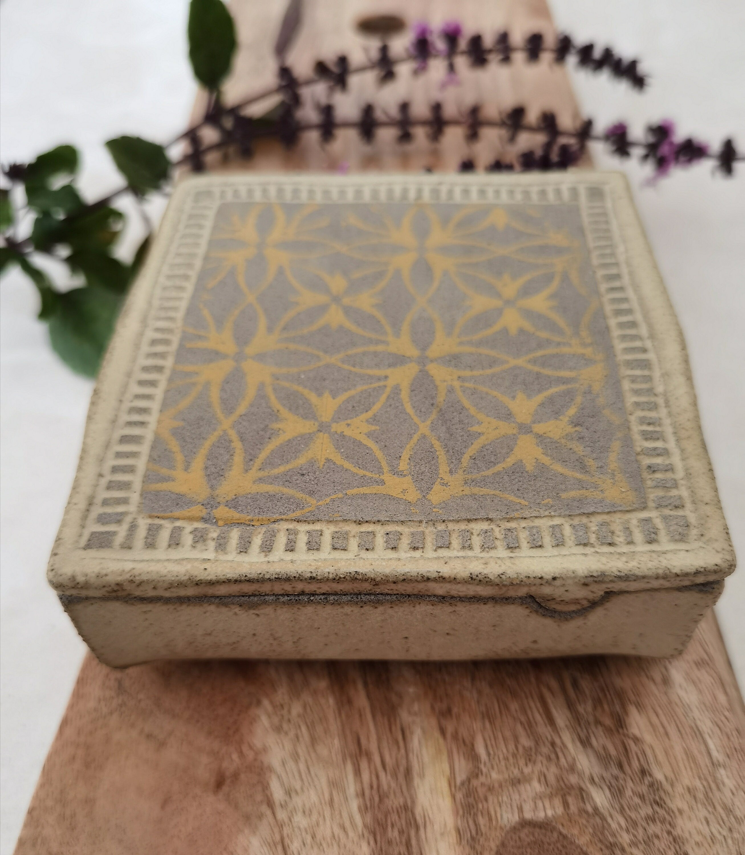 Square Ceramic Jewelry Box: Yellow Print, Beige Glaze, Three Cells