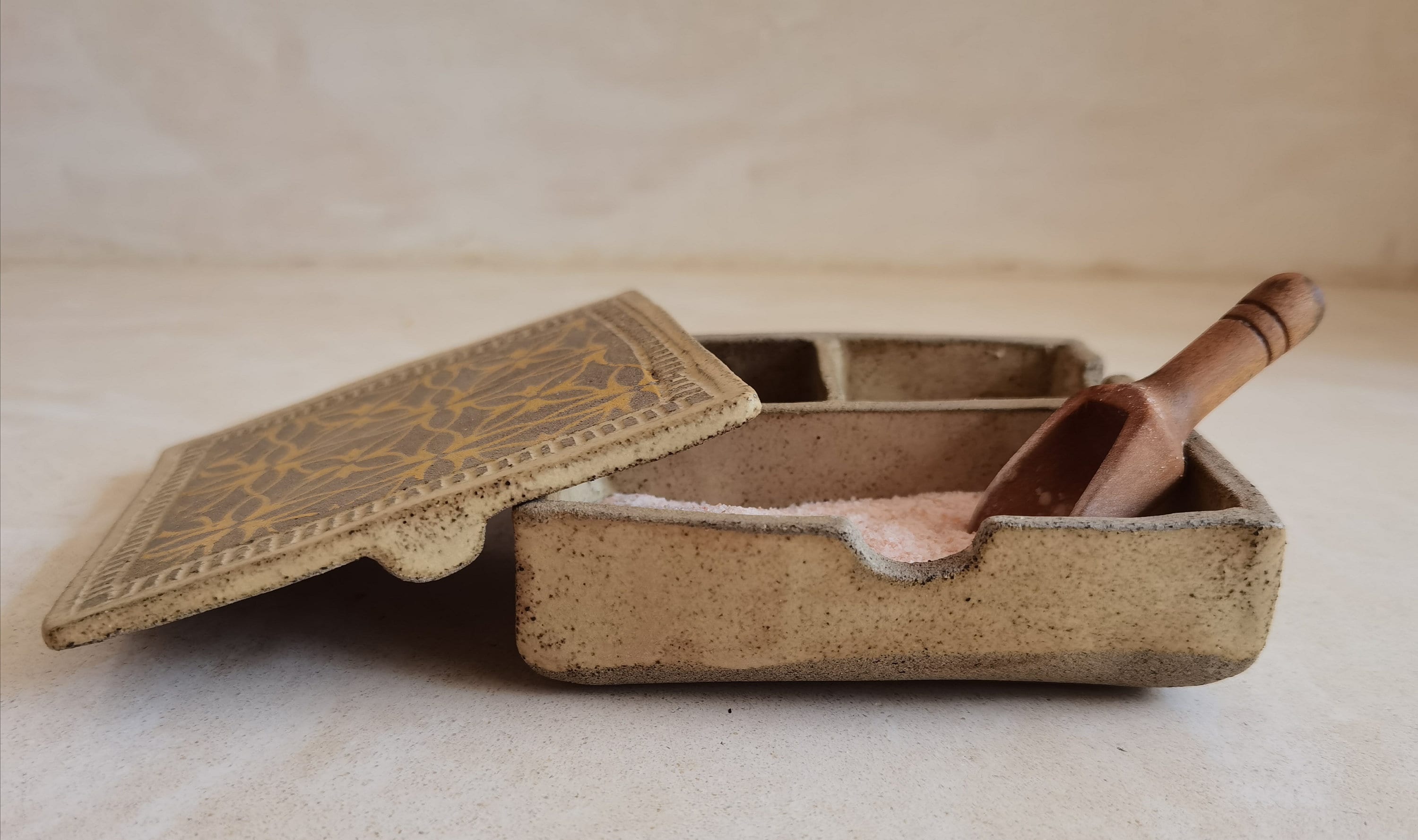 Square Ceramic Jewelry Box: Yellow Print, Beige Glaze, Three Cells