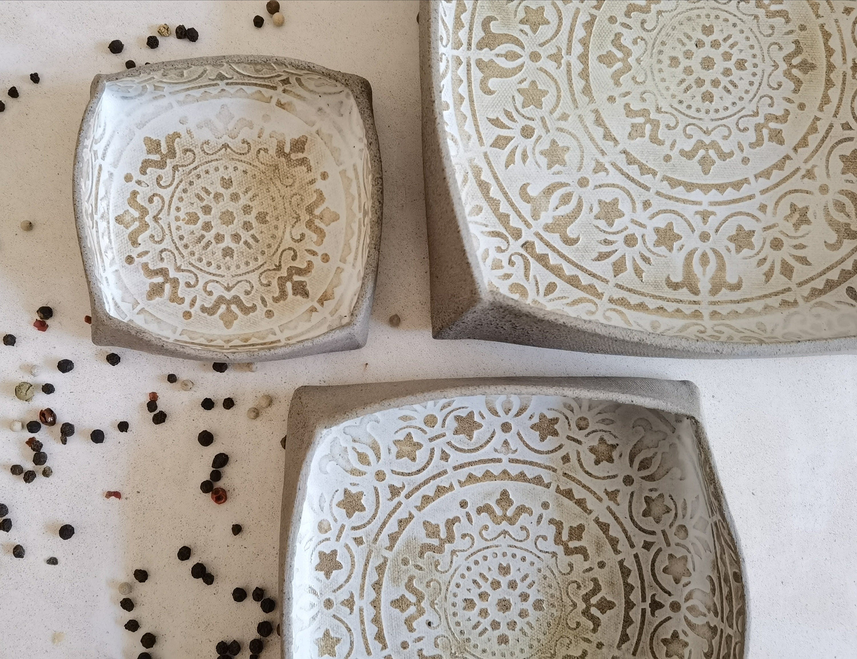 Set of 3 Handmade Ceramic Serving Dishes: Mandala Pottery Trays