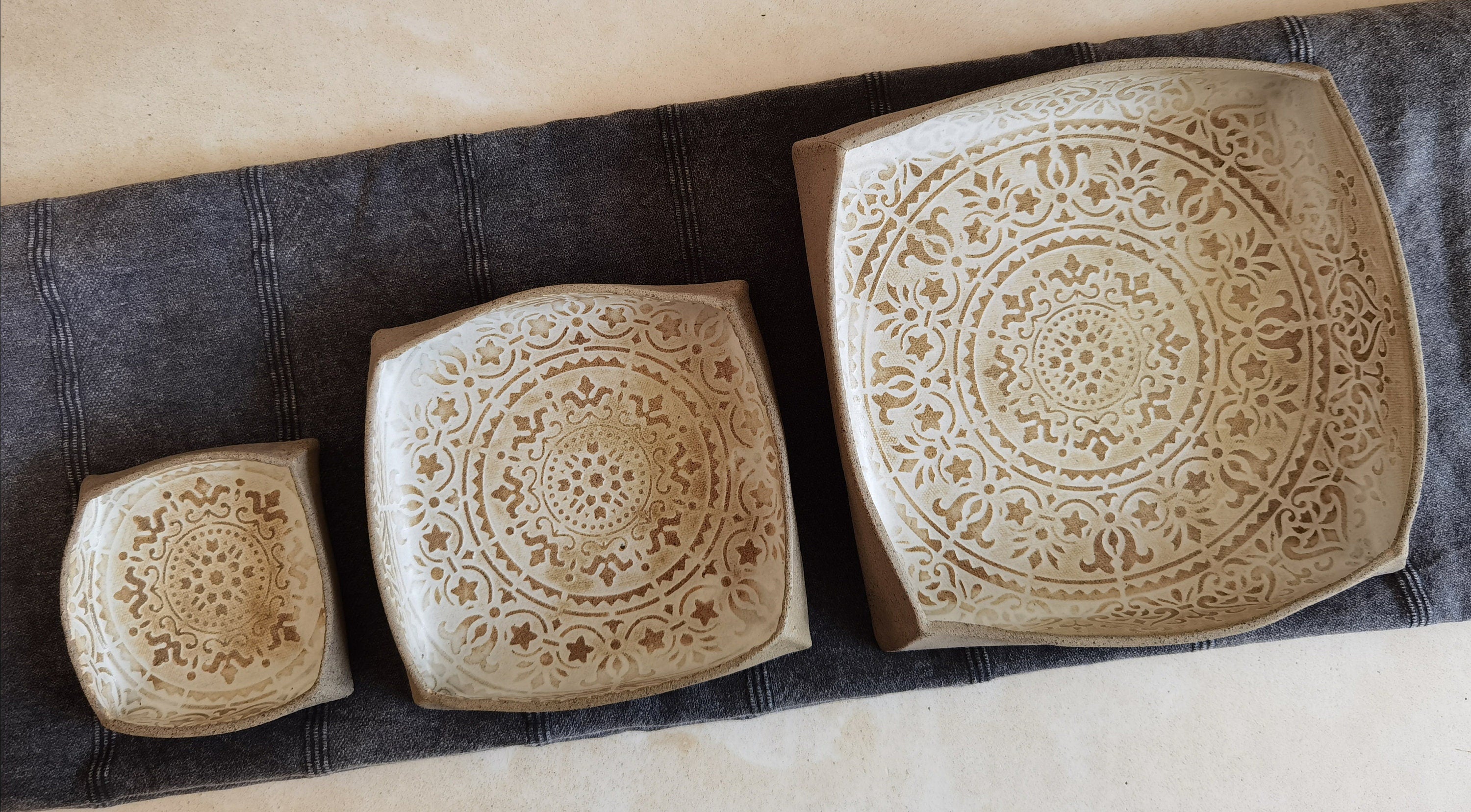 Set of 3 Handmade Ceramic Serving Dishes: Mandala Pottery Trays