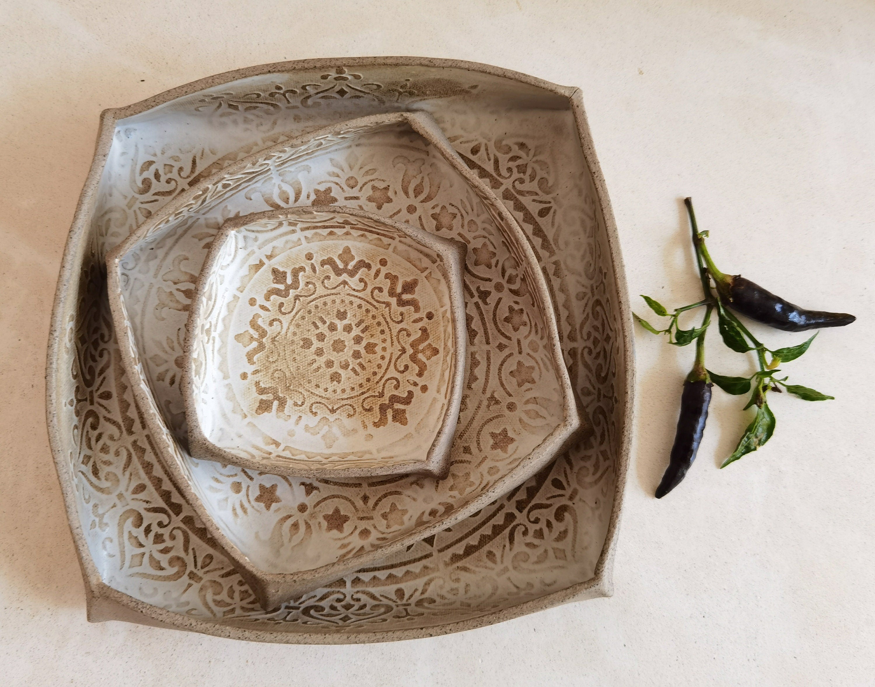 Set of 3 Handmade Ceramic Serving Dishes: Mandala Pottery Trays