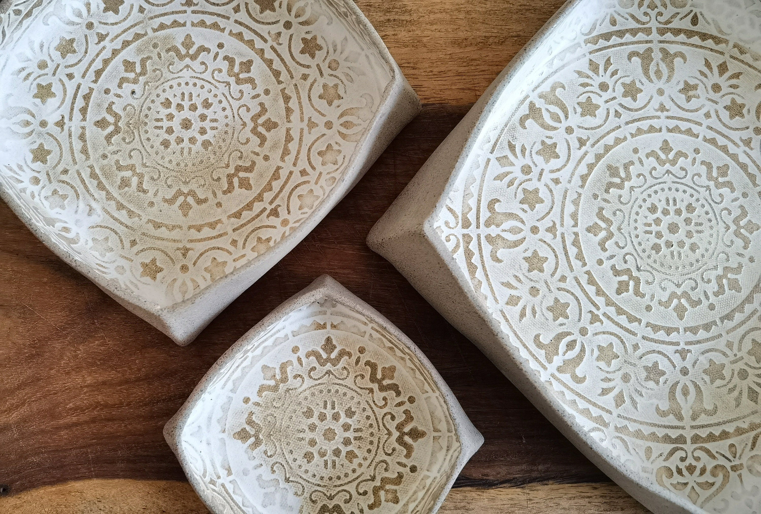 Set of 3 Handmade Ceramic Serving Dishes: Mandala Pottery Trays