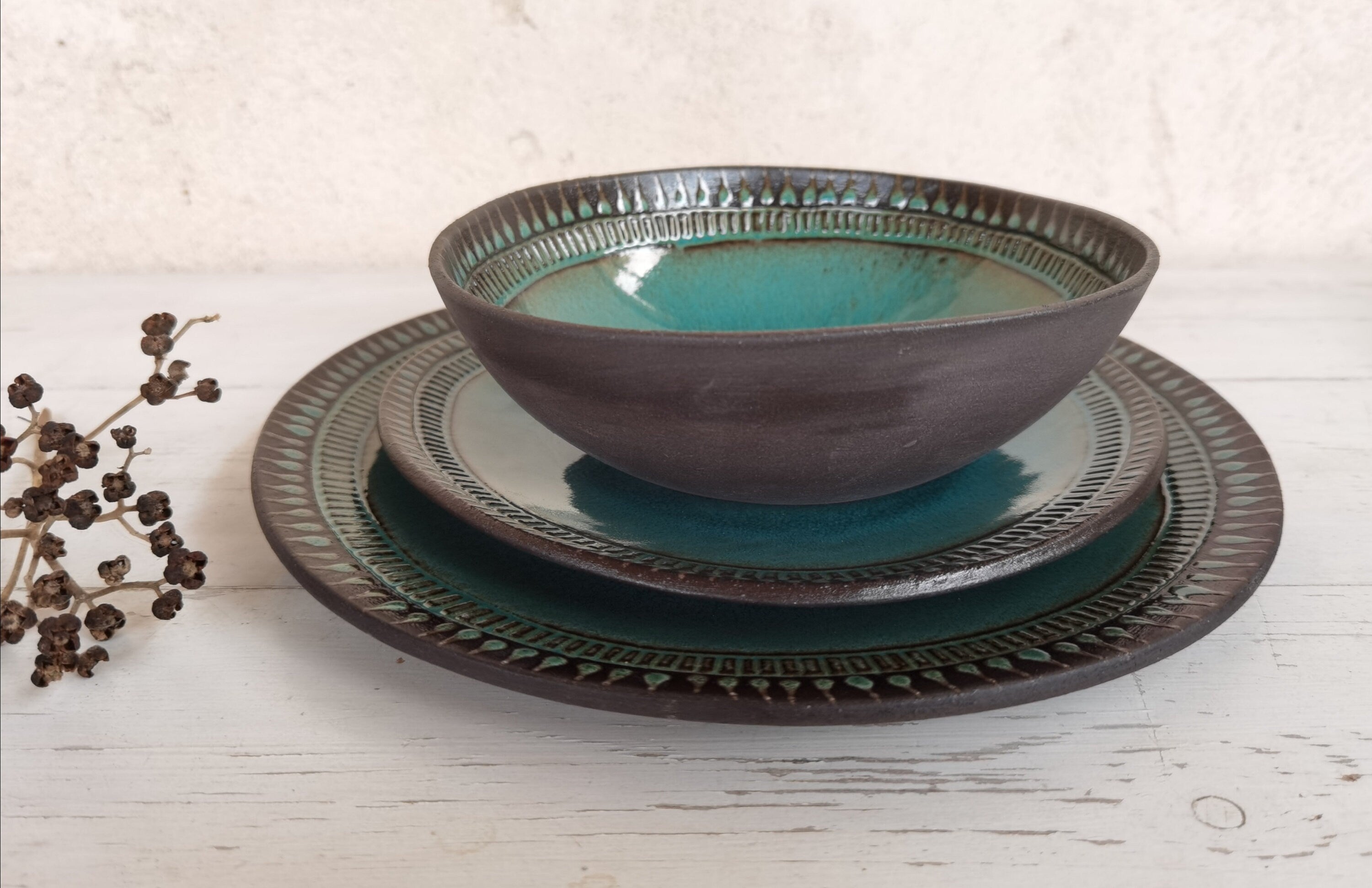 Handmade Ceramic Dinnerware Set: Turquoise Glaze, Rustic Pottery (Set of 3)