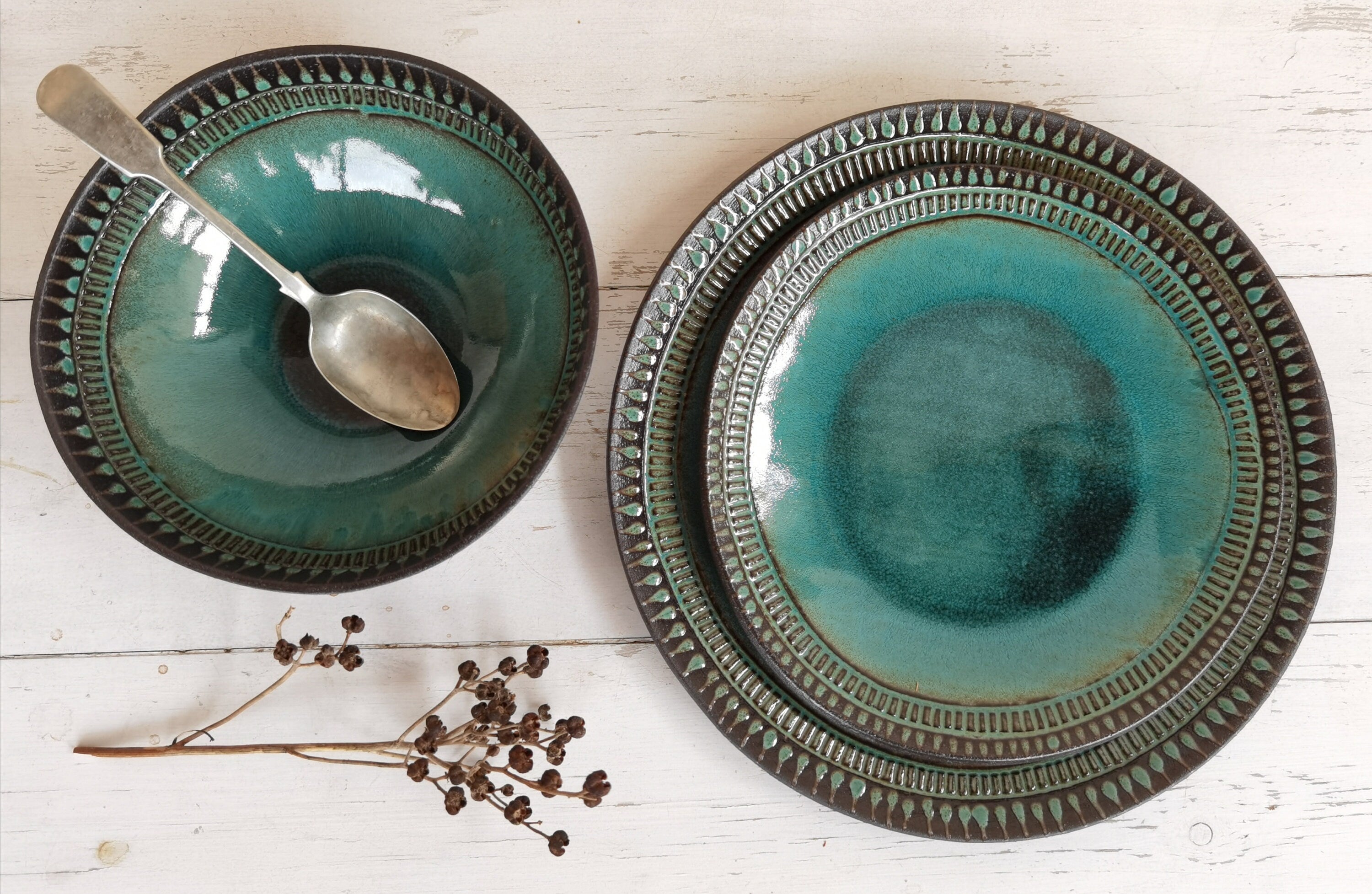 Handmade Ceramic Dinnerware Set: Turquoise Glaze, Rustic Pottery (Set of 3)